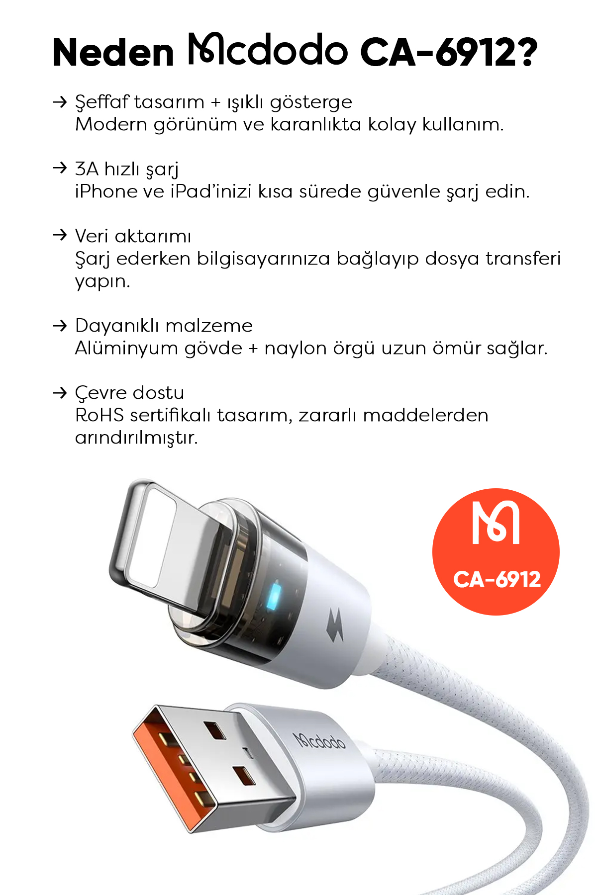 CA-6912 USB-A TO LIGHTNİNG ŞEFFAF KABLO ŞARJ IŞIĞI İLE BEYAZ 1.2M Afişi