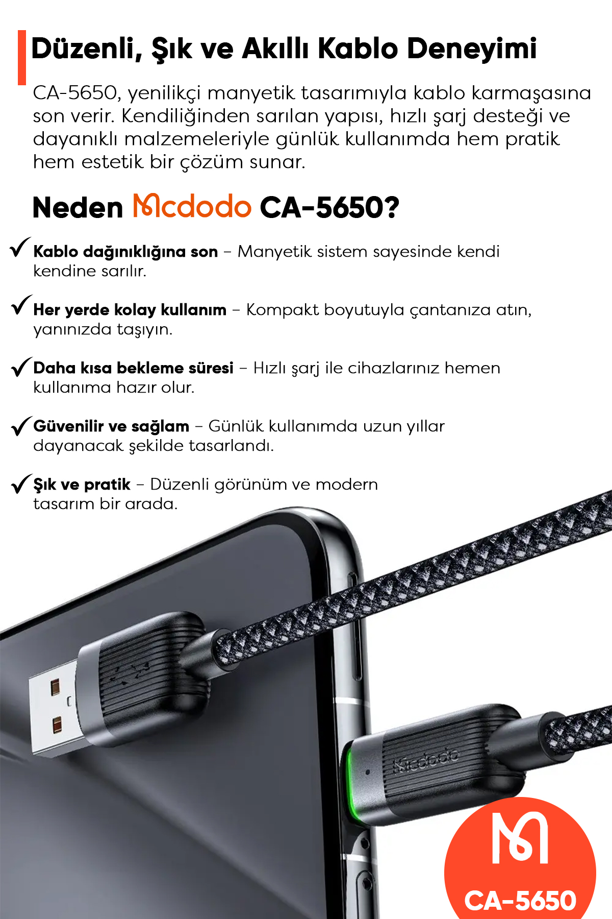 CA-5650 USB-A TO USB-C 6A SİYAH SARILABİLİR MANYETİK 1.2M KABLO Afişi