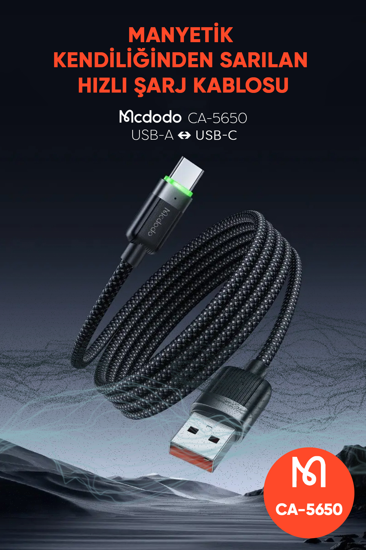 CA-5650 USB-A TO USB-C 6A SİYAH SARILABİLİR MANYETİK 1.2M KABLO Afişi