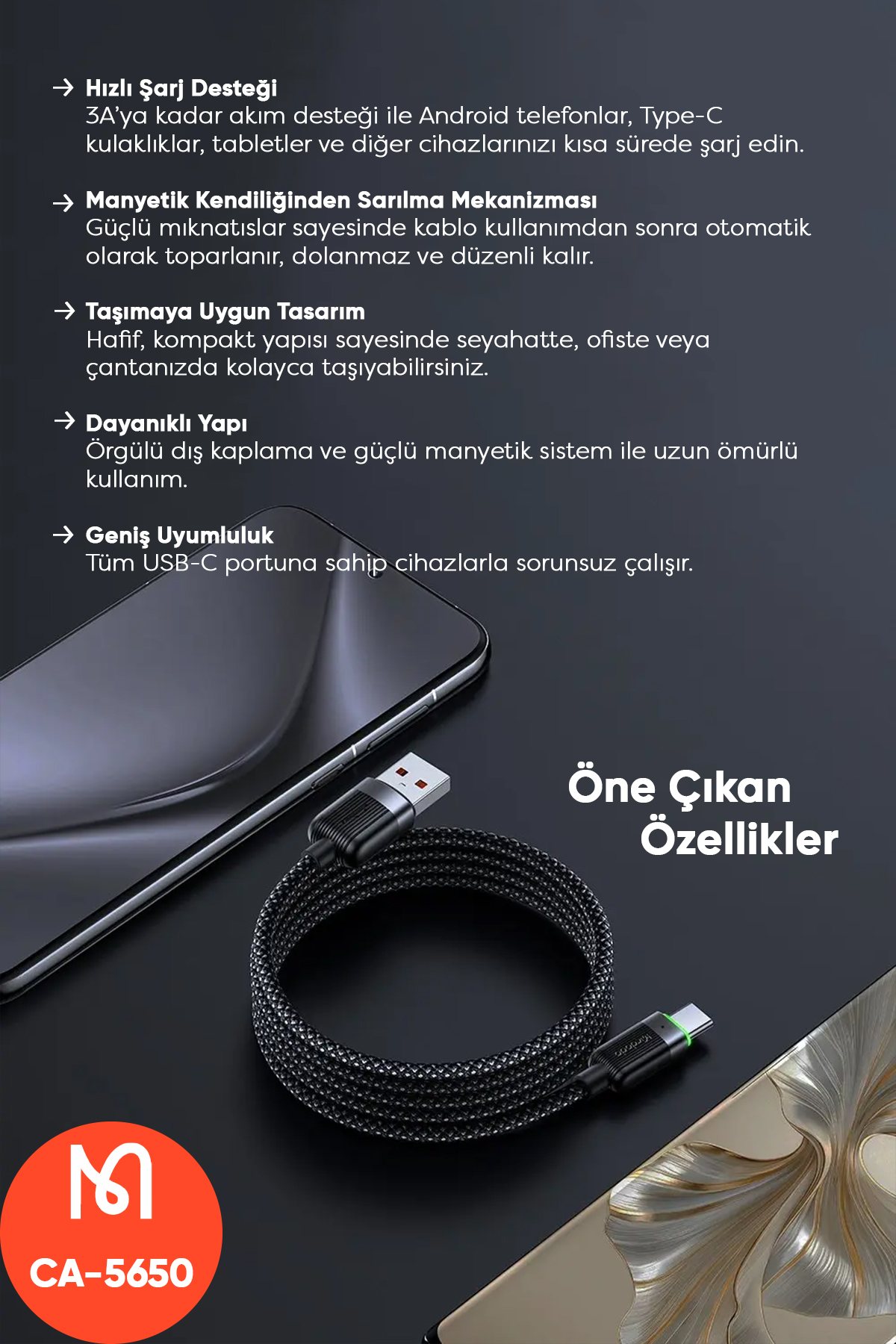 CA-5650 USB-A TO USB-C 6A SİYAH SARILABİLİR MANYETİK 1.2M KABLO Afişi