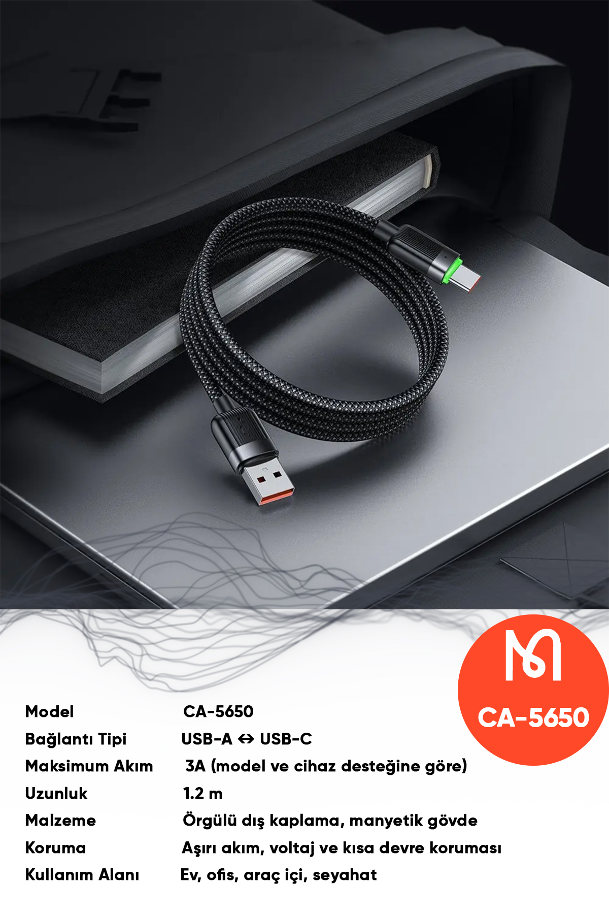CA-5650 USB-A TO USB-C 6A SİYAH SARILABİLİR MANYETİK 1.2M KABLO Afişi
