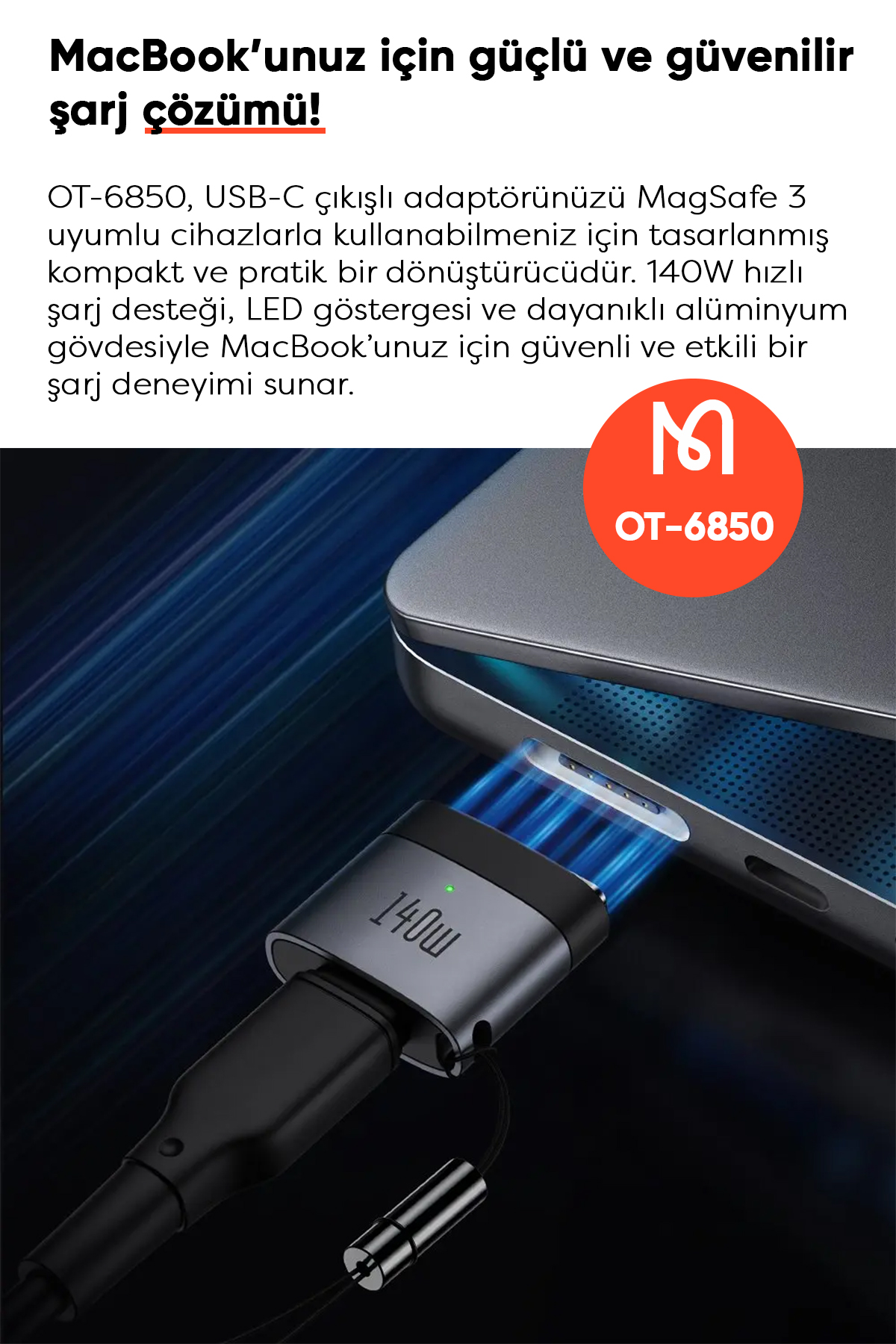 OT-6850 140 W USB-C TO MAGSAFE  DÖNÜŞTÜRÜCÜ- Siyah Afişi
