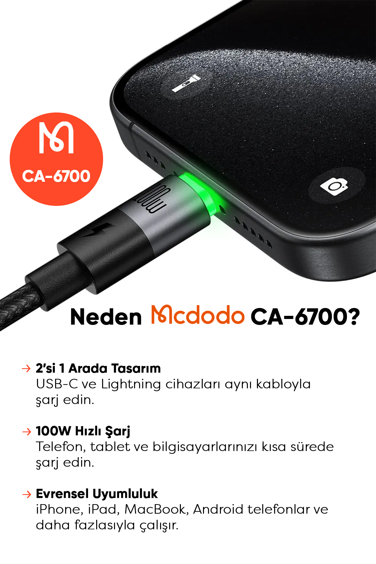 CA-6700 2'si 1 ARADA  100W 1.5 M TYPE-C TO TYPE-C + LİGHTNİNG KABLO Afişi