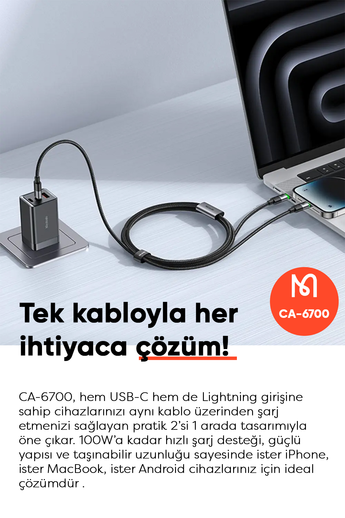 CA-6700 2'si 1 ARADA  100W 1.5 M TYPE-C TO TYPE-C + LİGHTNİNG KABLO Afişi