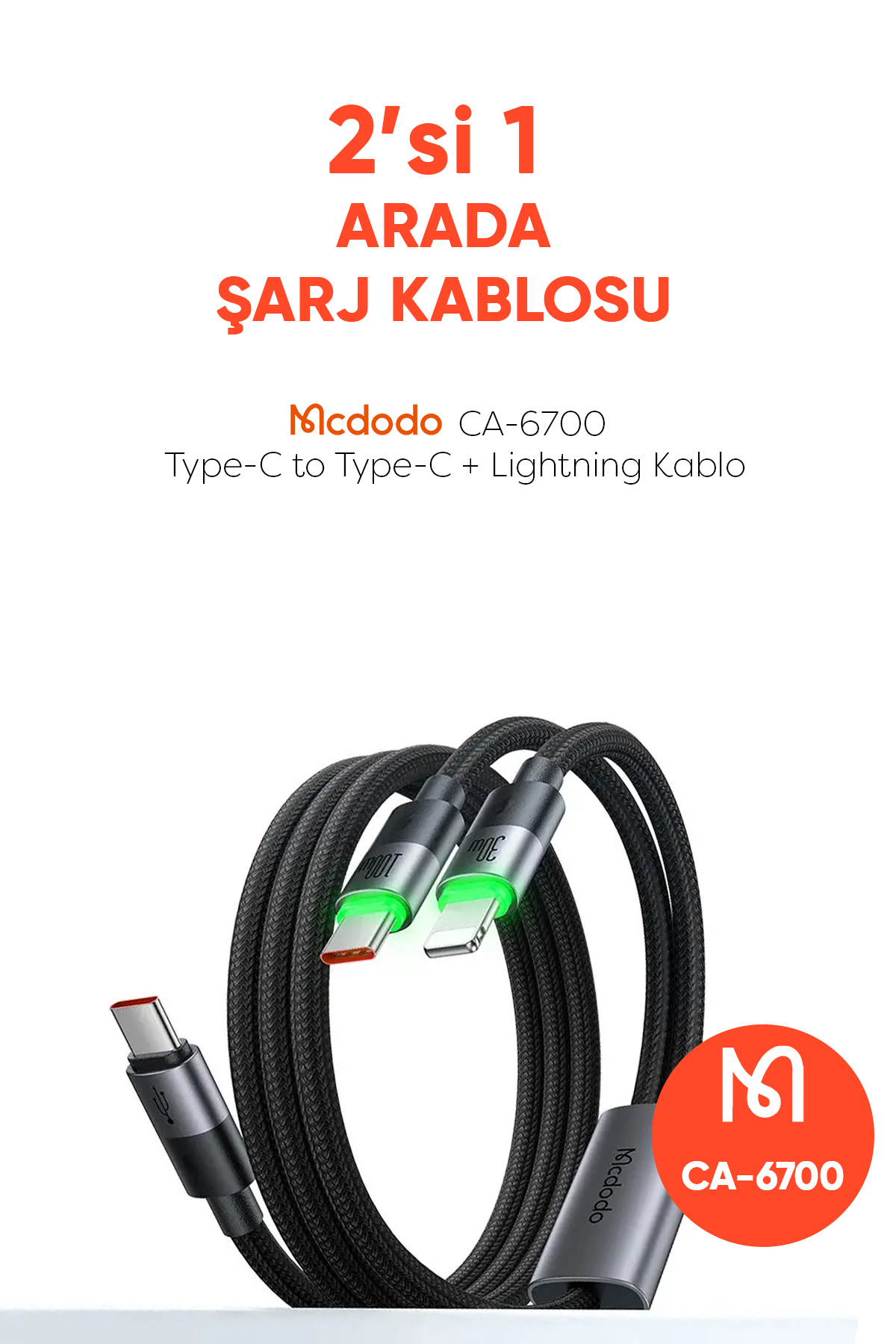 CA-6700 2'si 1 ARADA  100W 1.5 M TYPE-C TO TYPE-C + LİGHTNİNG KABLO Afişi