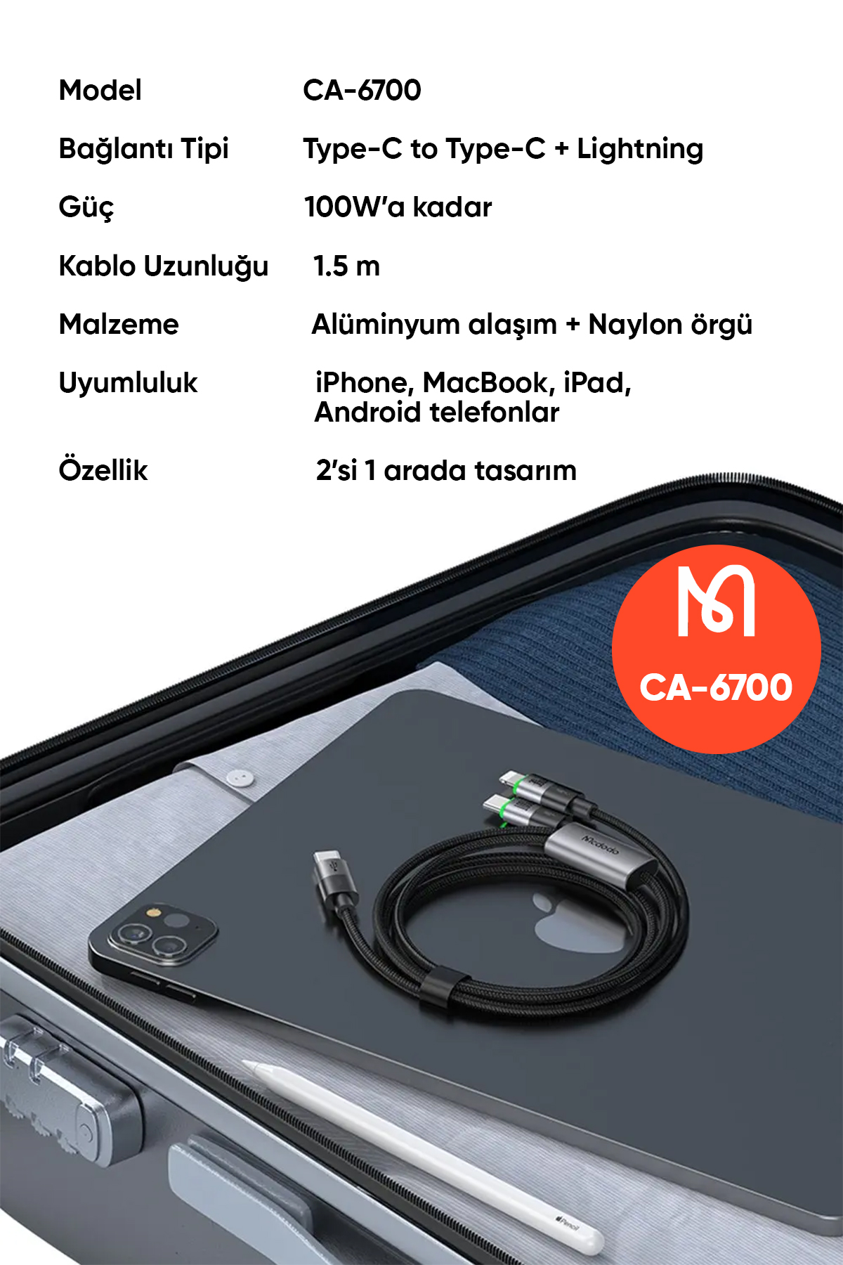 CA-6700 2'si 1 ARADA  100W 1.5 M TYPE-C TO TYPE-C + LİGHTNİNG KABLO Afişi