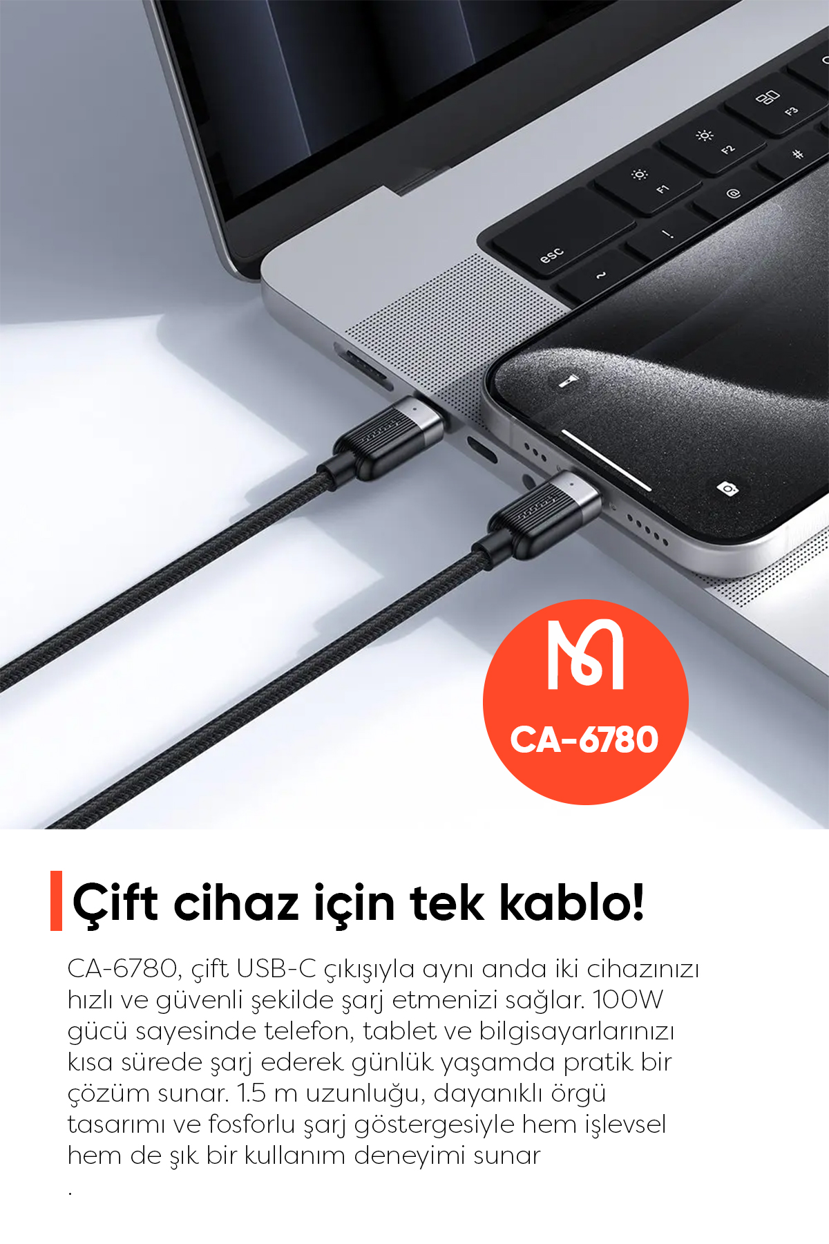 CA-6780 2'Sİ 1 ARADA TYPE-C TO TYPE-C + TYPE-C 1.5M 100W SİYAH KABLO Afişi