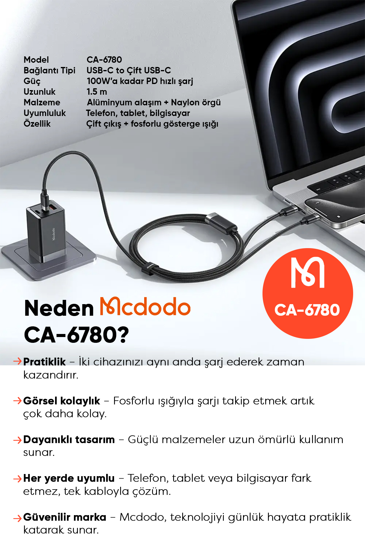 CA-6780 2'Sİ 1 ARADA TYPE-C TO TYPE-C + TYPE-C 1.5M 100W SİYAH KABLO Afişi