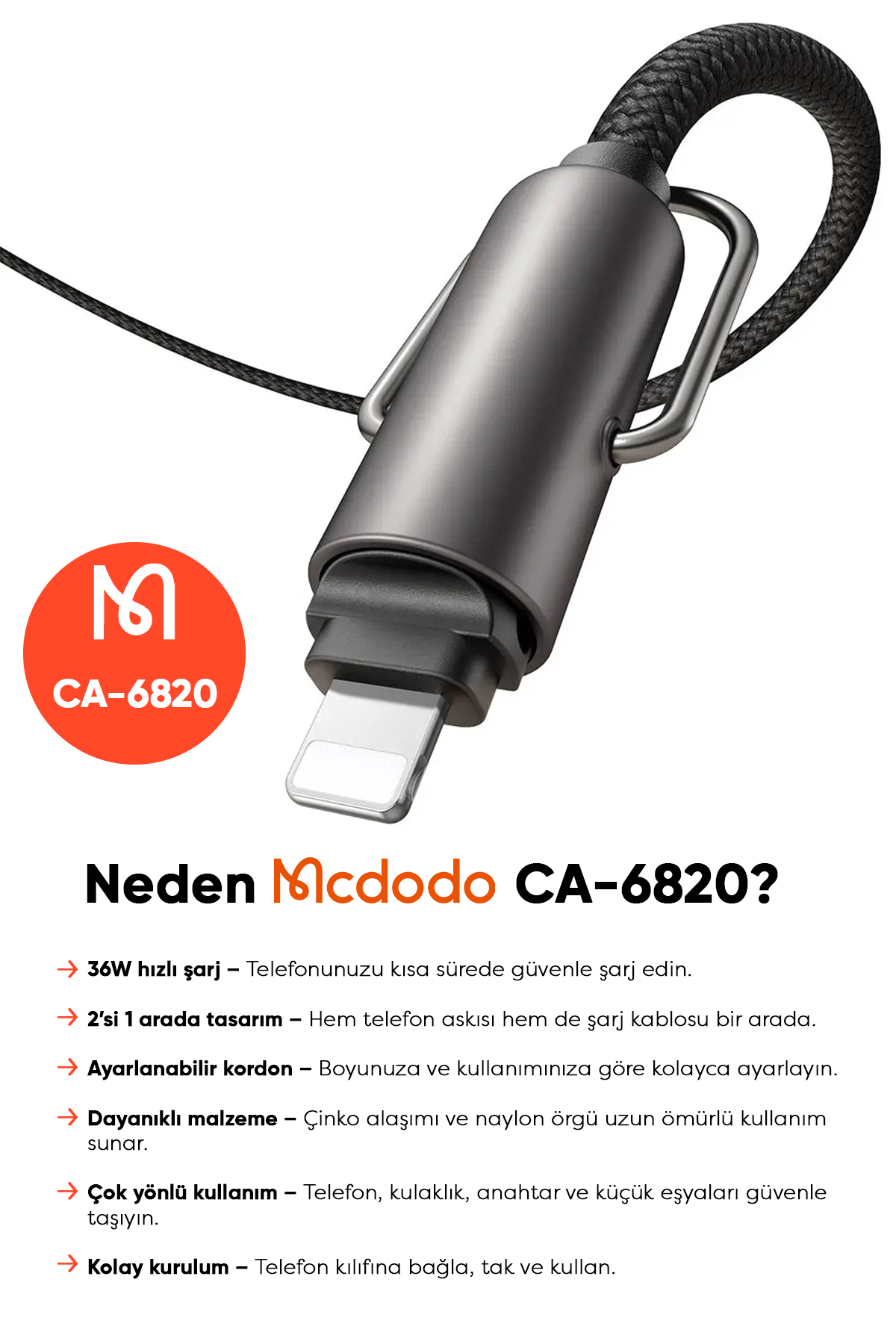 CA-6820 TYPE-C TO LİGHTNİNG 1.2 M 36W ÇOK İŞLEVLİ BOYUN ASKISI -Siyah Afişi