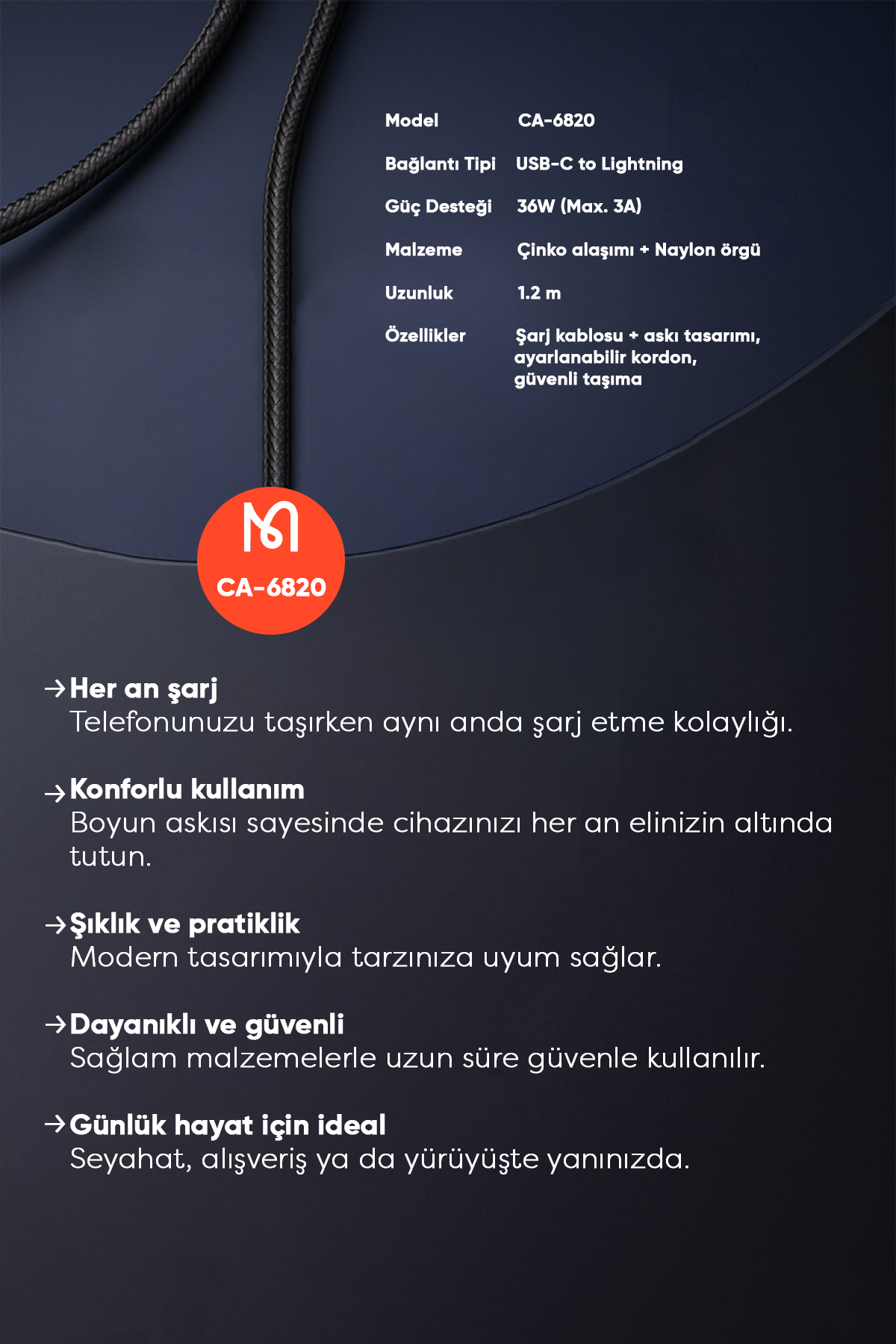 CA-6820 TYPE-C TO LİGHTNİNG 1.2 M 36W ÇOK İŞLEVLİ BOYUN ASKISI -Siyah Afişi