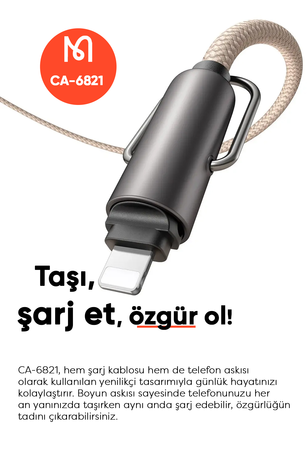 CA-6821 TYPE-C TO LİGHTNİNG ÇOK İŞLEVLİ BOYUN ASKISI 1.2M Afişi