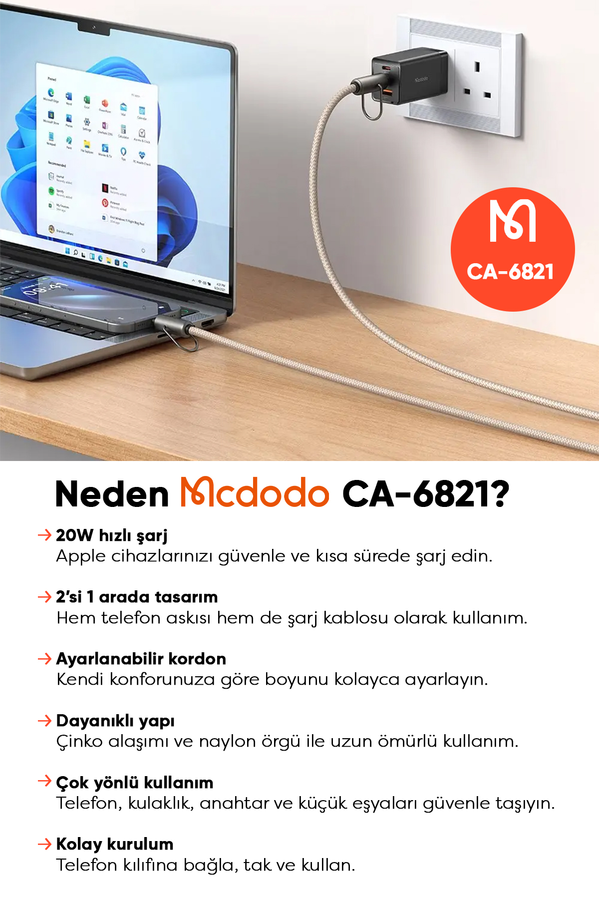 CA-6821 TYPE-C TO LİGHTNİNG ÇOK İŞLEVLİ BOYUN ASKISI 1.2M Afişi