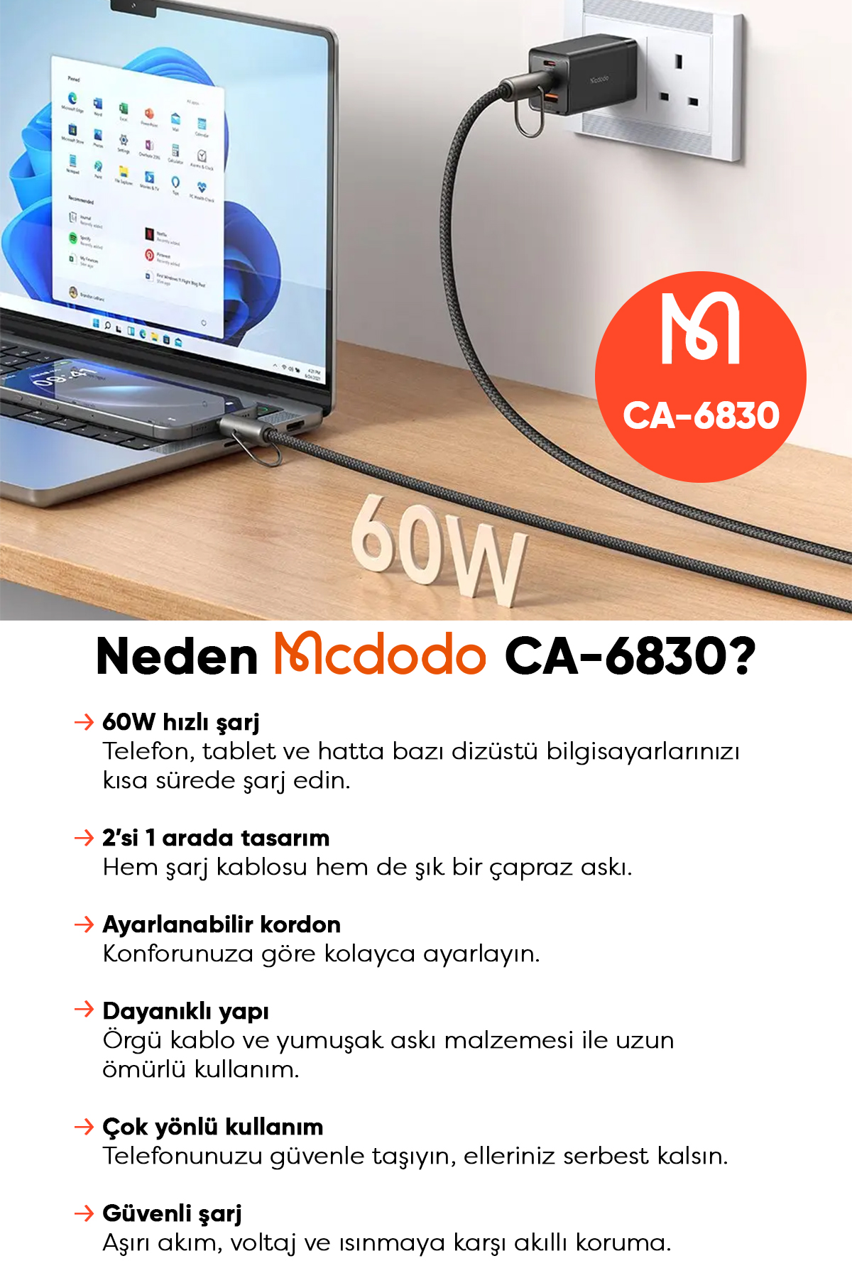 CA-6830 1.2M 60W ÇOK İŞLEVLİ ÇAPRAZ BOYUN ASKISI KABLOSU SİYAH Afişi