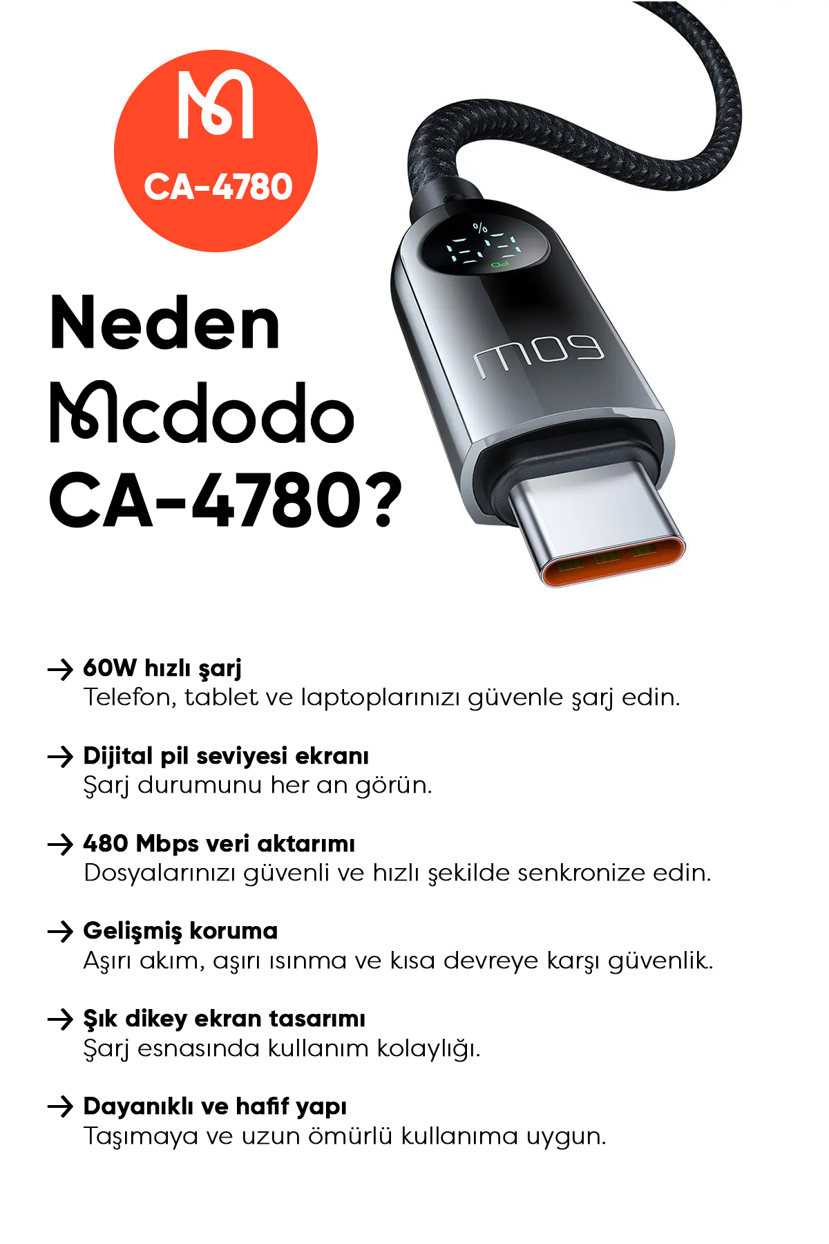 CA-4780  60W TYPE-C TO TYPE-C DİJİTAL HD KABLO 1.2M Afişi