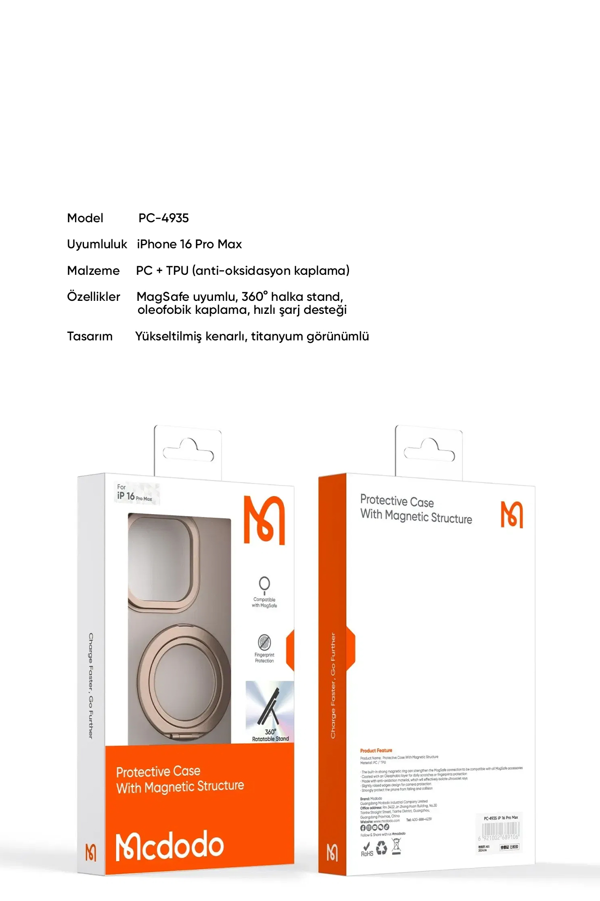 PC-4935 iPhone 16 Pro Max Halka standlı Magsafe Titanyum Kapak Afişi