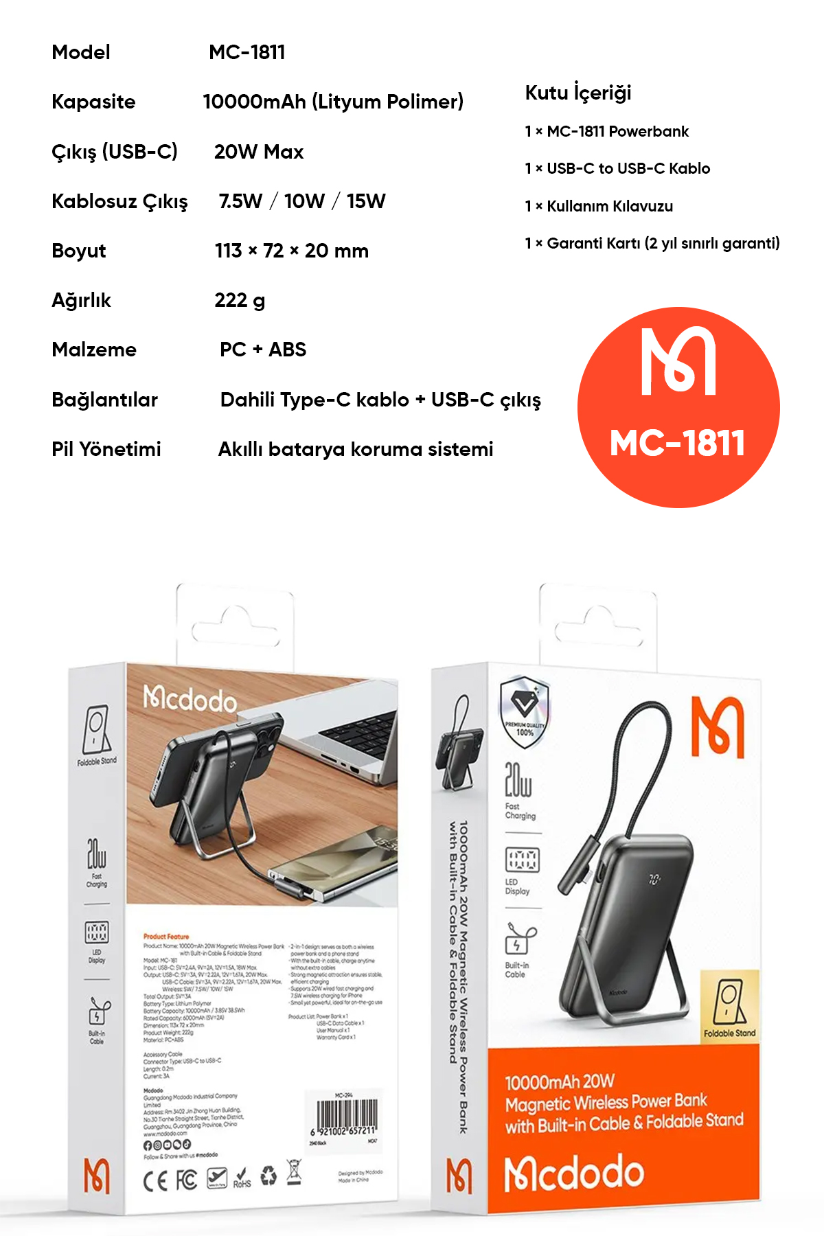 MC-1811 10.000mAh 20W MANYETİK KABLOSUZ ŞARJ CİHAZI DAHİLİ TYPE-C KABLOSU Siyah Afişi