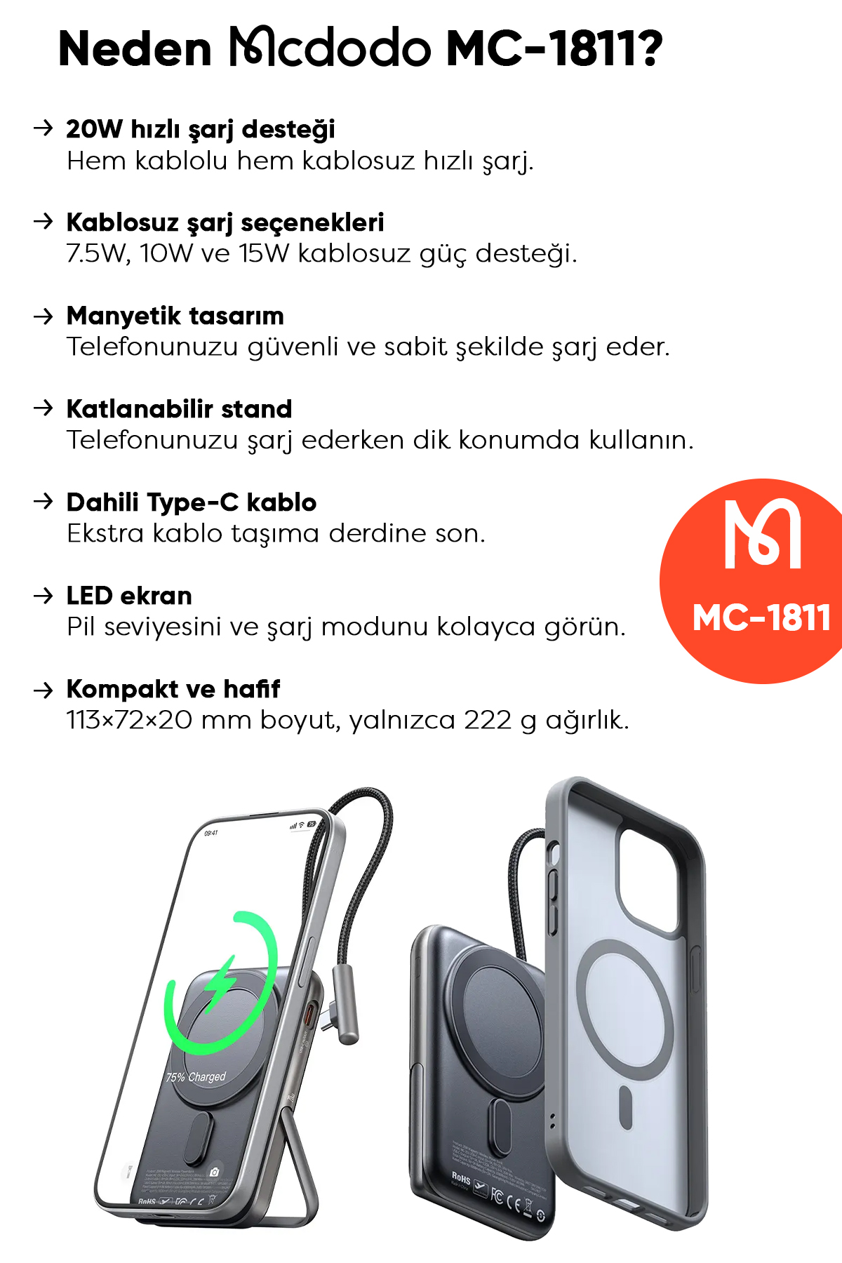 MC-1811 10.000mAh 20W MANYETİK KABLOSUZ ŞARJ CİHAZI DAHİLİ TYPE-C KABLOSU Siyah Afişi