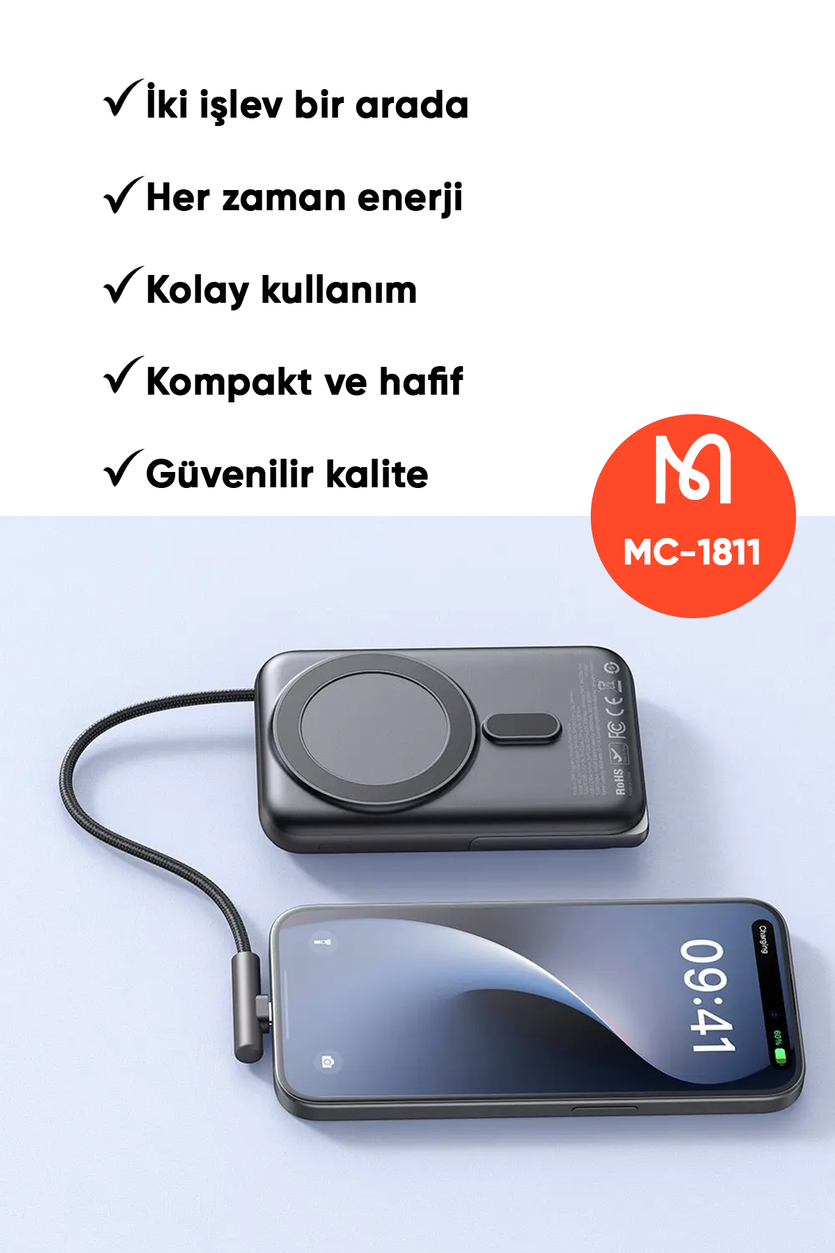 MC-1811 10.000mAh 20W MANYETİK KABLOSUZ ŞARJ CİHAZI DAHİLİ TYPE-C KABLOSU Siyah Afişi