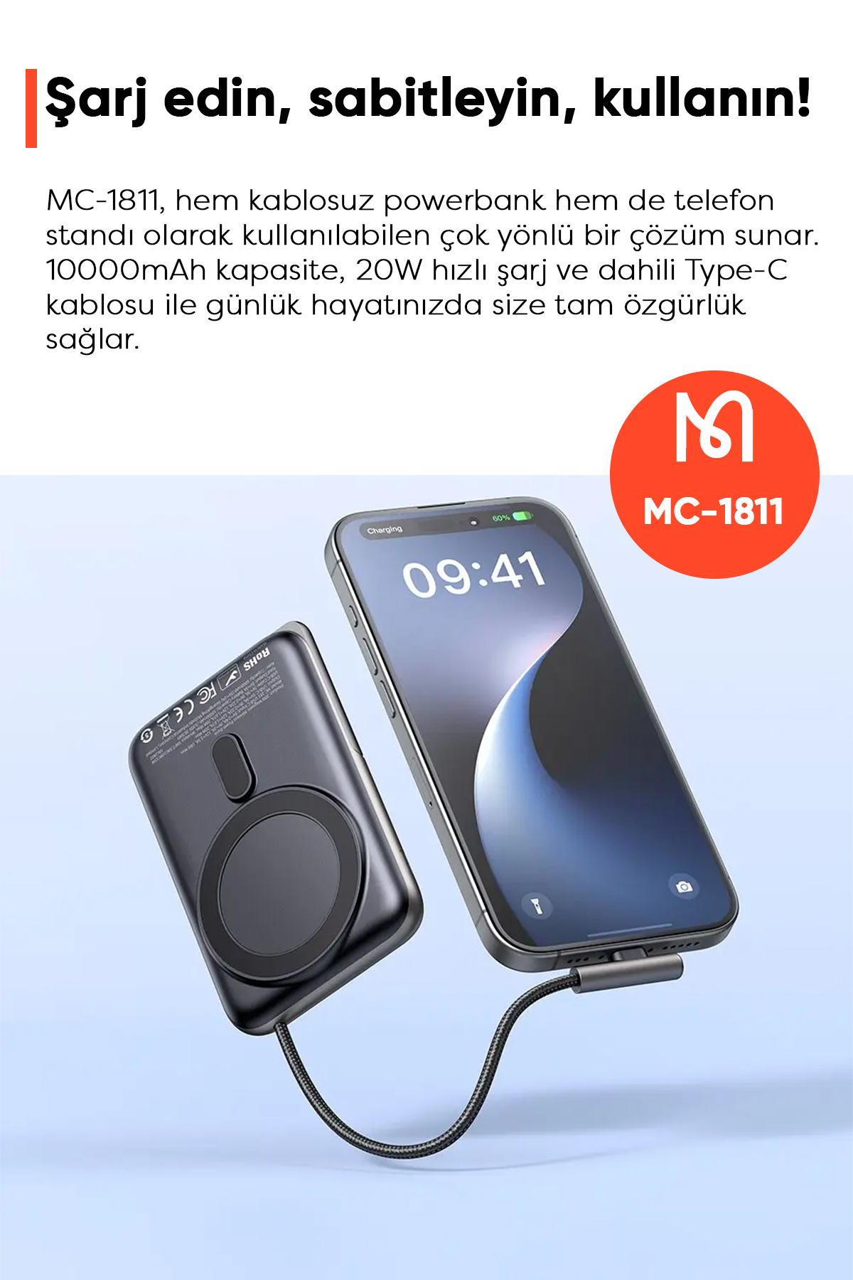 MC-1811 10.000mAh 20W MANYETİK KABLOSUZ ŞARJ CİHAZI DAHİLİ TYPE-C KABLOSU Siyah Afişi