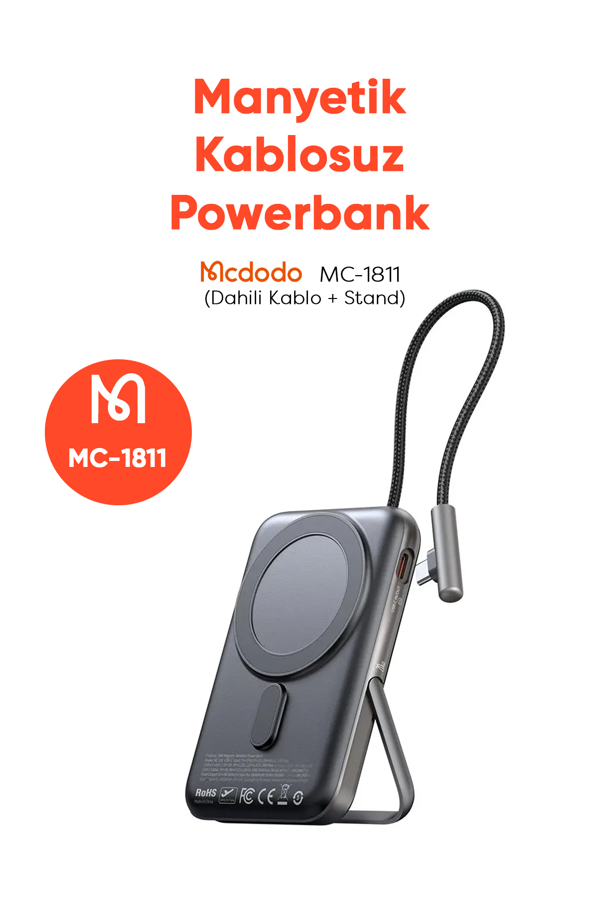 MC-1811 10.000mAh 20W MANYETİK KABLOSUZ ŞARJ CİHAZI DAHİLİ TYPE-C KABLOSU Siyah Afişi