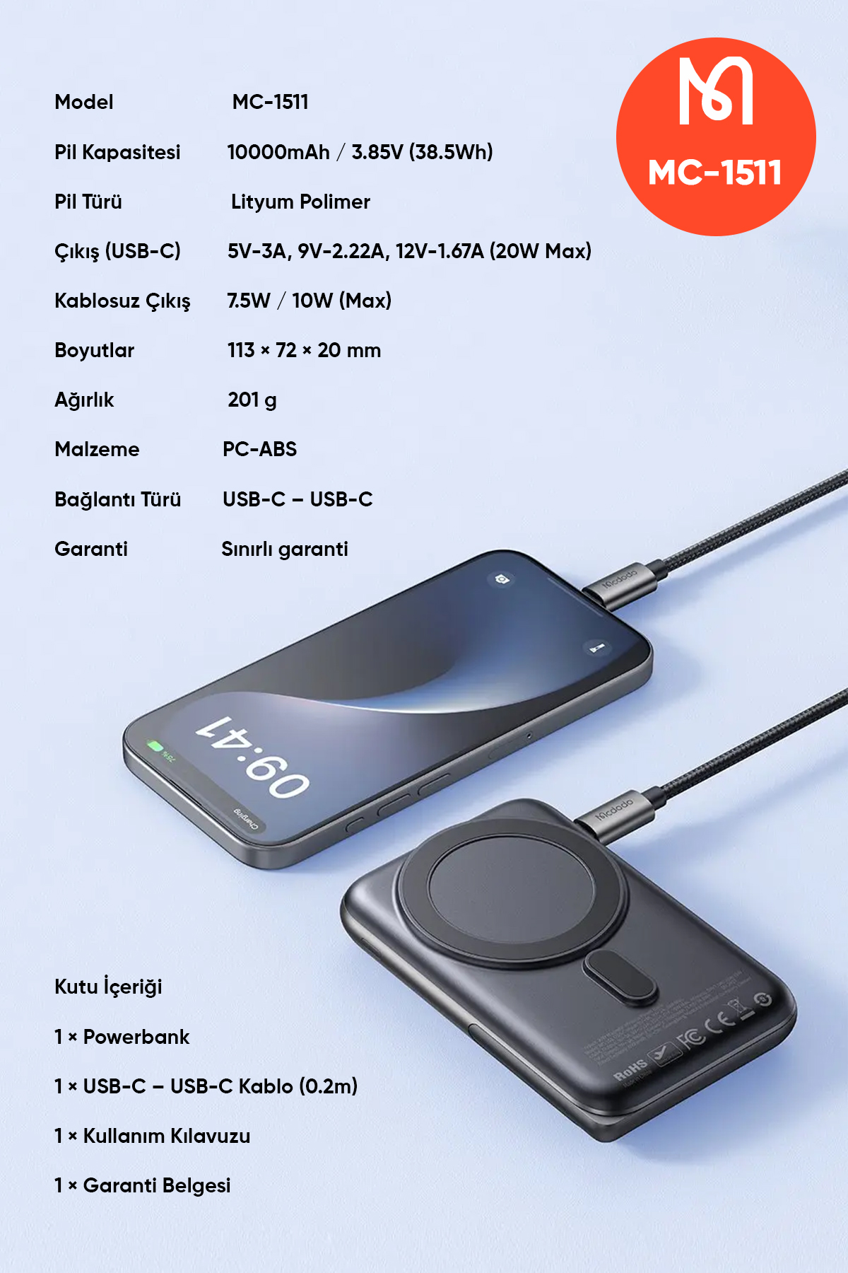 MC-1511 20W 10000 mah Kablosuz Sarj  Magsafe Standlı Powerbank Siyah Afişi