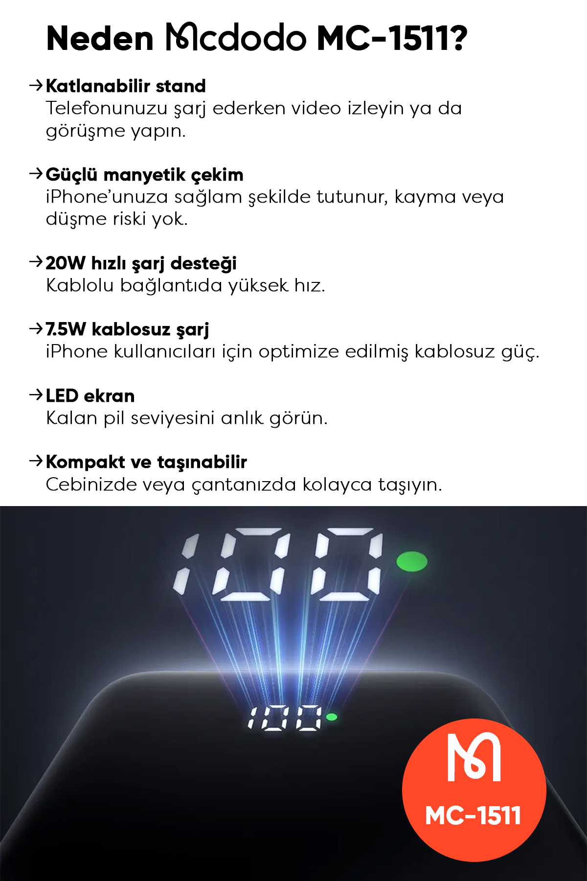 MC-1511 20W 10000 mah Kablosuz Sarj  Magsafe Standlı Powerbank Siyah Afişi