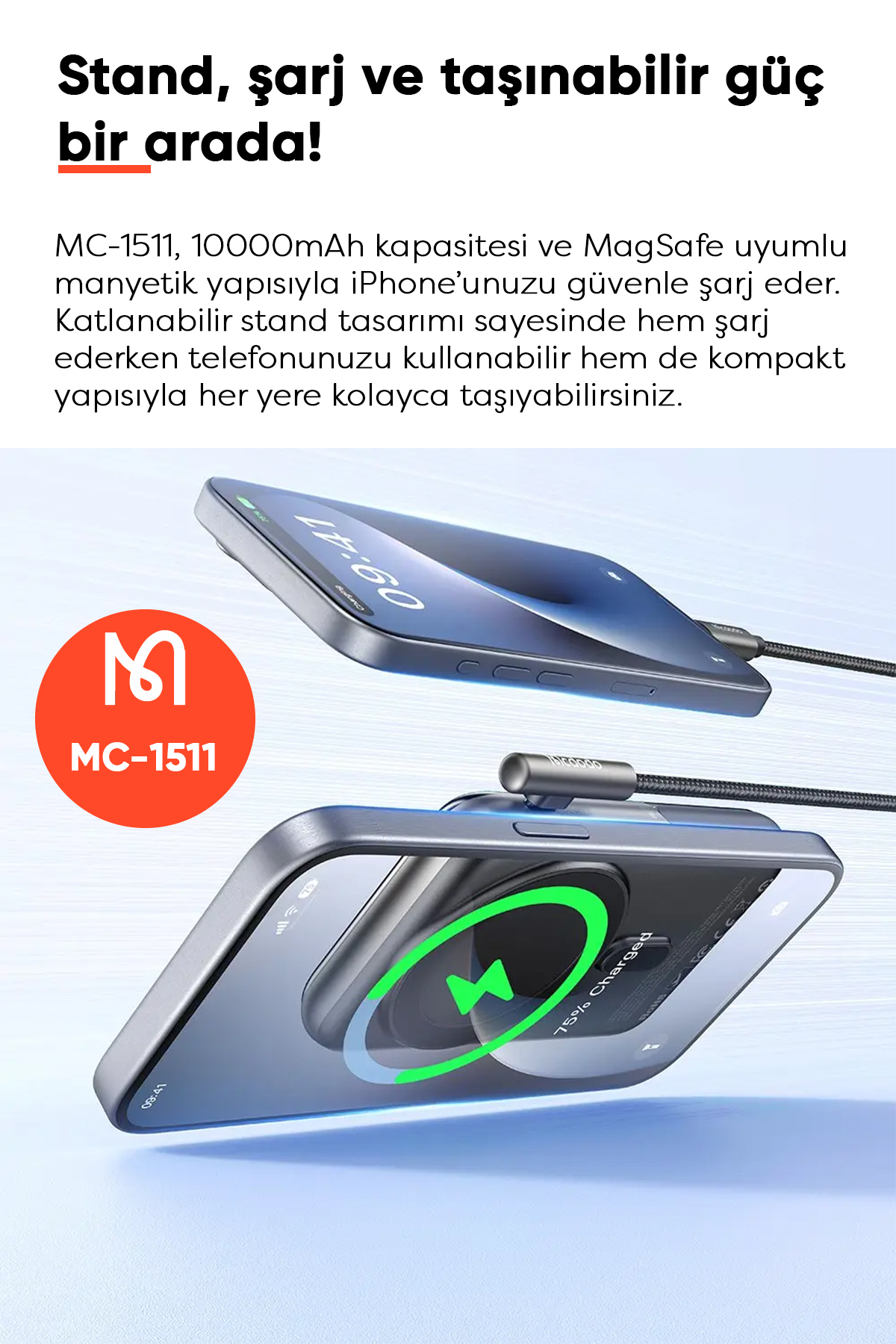 MC-1511 20W 10000 mah Kablosuz Sarj  Magsafe Standlı Powerbank Siyah Afişi