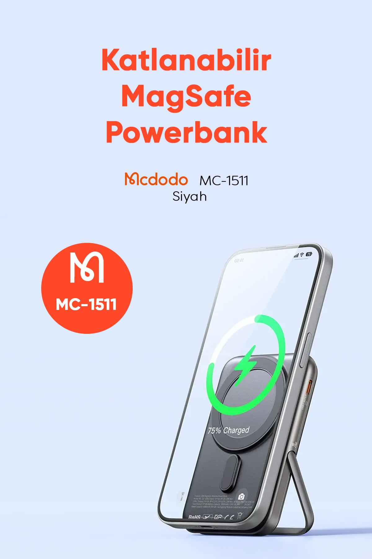 MC-1511 20W 10000 mah Kablosuz Sarj  Magsafe Standlı Powerbank Siyah Afişi