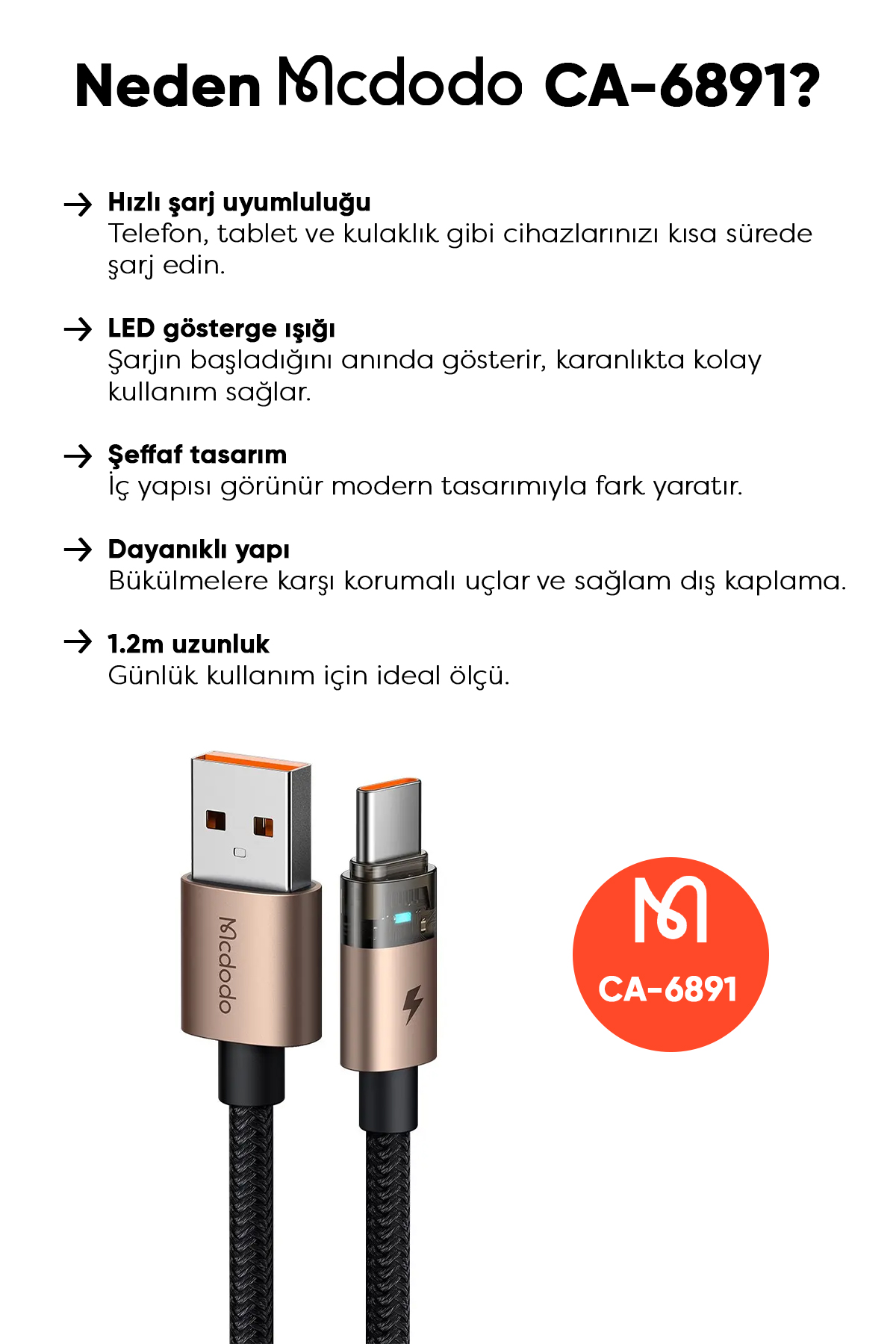 CA-6891 USB-A TO TYPE-C Kablo Şarj Işıklı 1.2M Afişi
