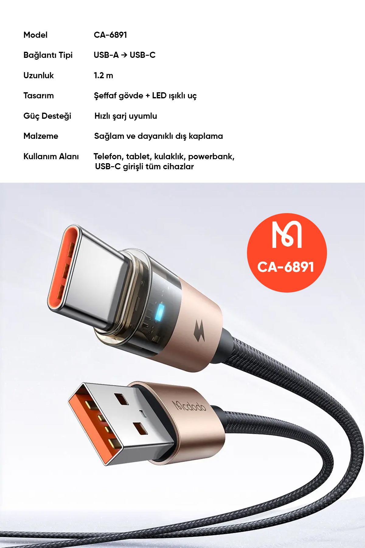 CA-6891 USB-A TO TYPE-C Kablo Şarj Işıklı 1.2M Afişi