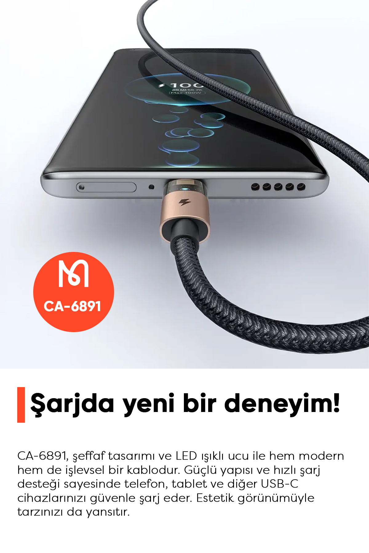 CA-6891 USB-A TO TYPE-C Kablo Şarj Işıklı 1.2M Afişi