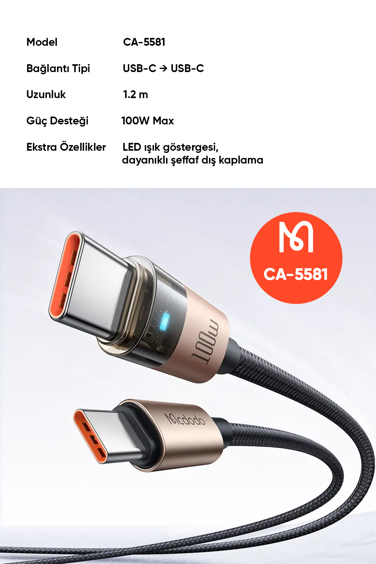 CA-5581 TYPE-C TO TYPE-C 100W 1.2M LED IŞIKLI  ŞEFFAF KABLO Afişi