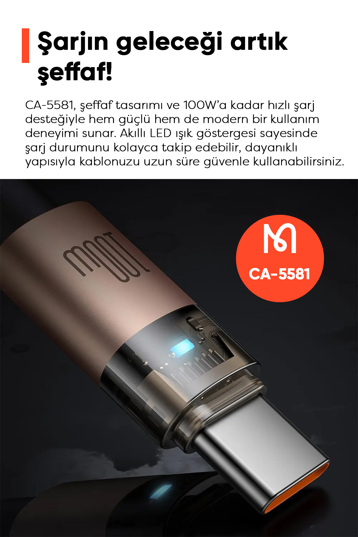 CA-5581 TYPE-C TO TYPE-C 100W 1.2M LED IŞIKLI  ŞEFFAF KABLO Afişi