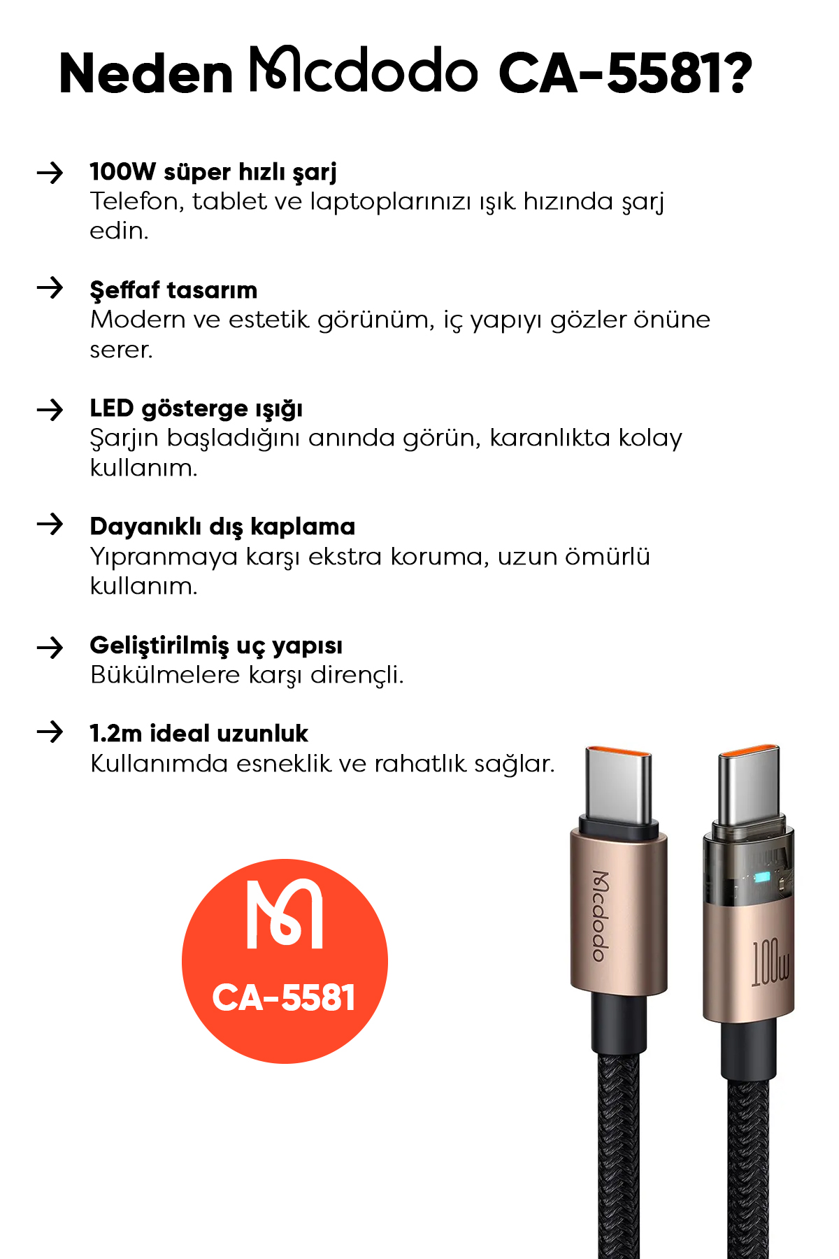 CA-5581 TYPE-C TO TYPE-C 100W 1.2M LED IŞIKLI  ŞEFFAF KABLO Afişi