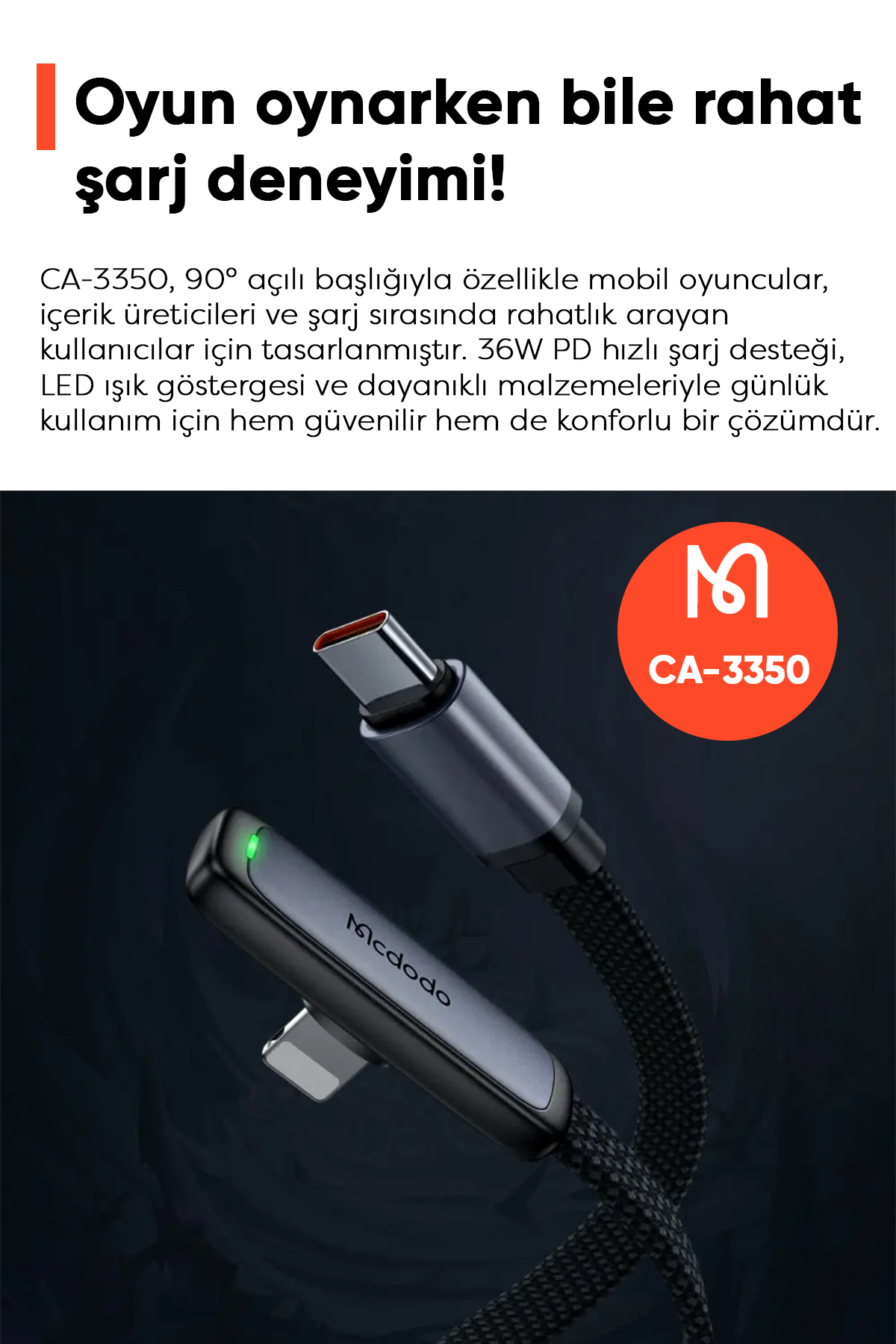 CA-3350 TYPE-C TO LİGHNİNG 36W PD 1.2M Siyah Kablo Afişi