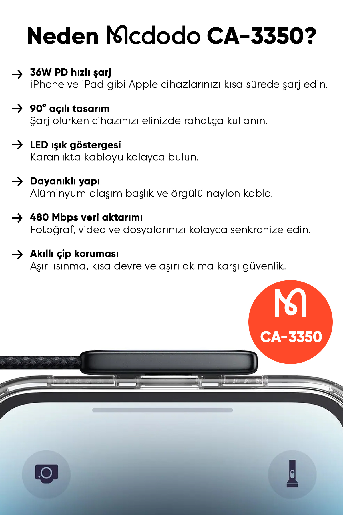CA-3350 TYPE-C TO LİGHNİNG 36W PD 1.2M Siyah Kablo Afişi