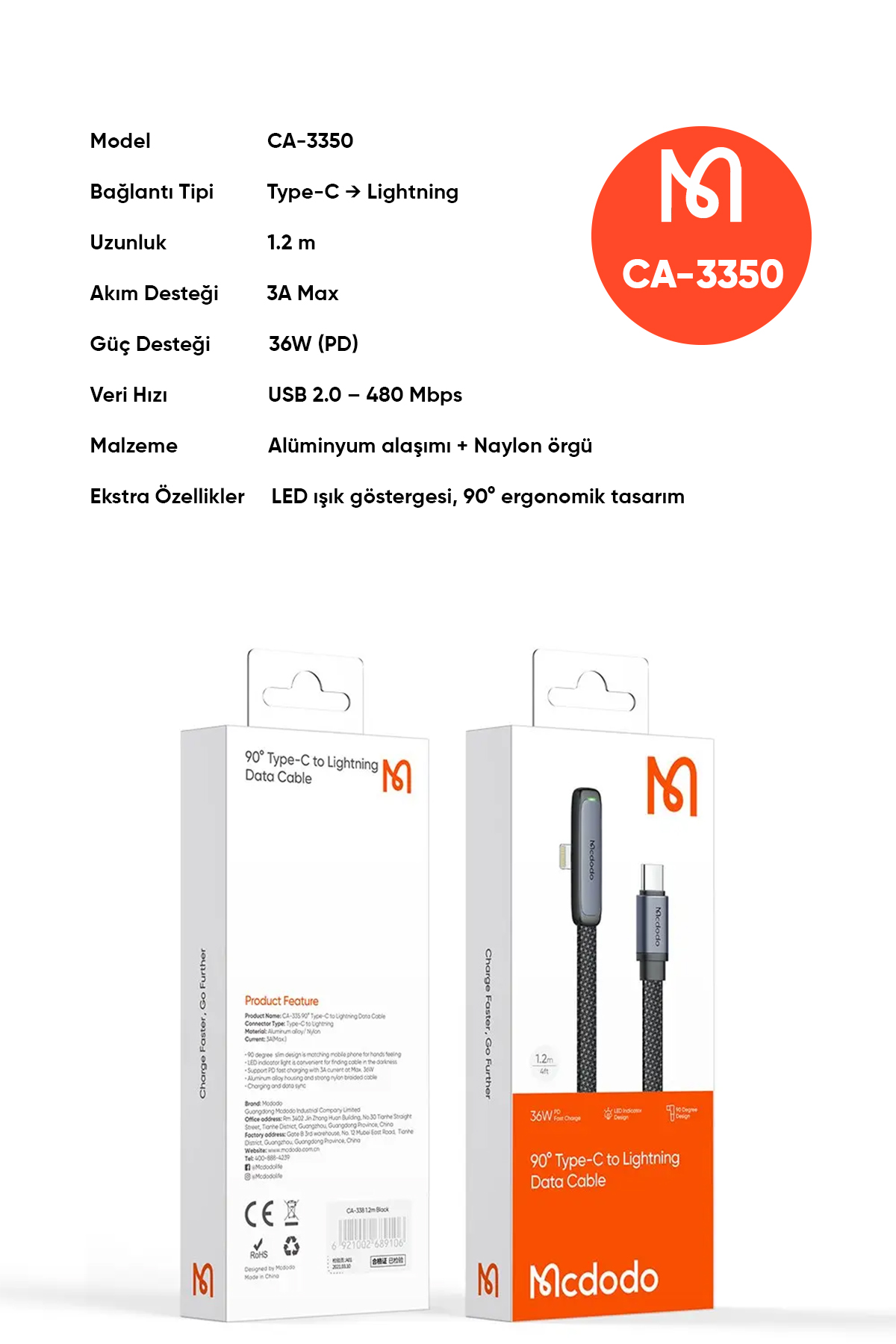 CA-3350 TYPE-C TO LİGHNİNG 36W PD 1.2M Siyah Kablo Afişi