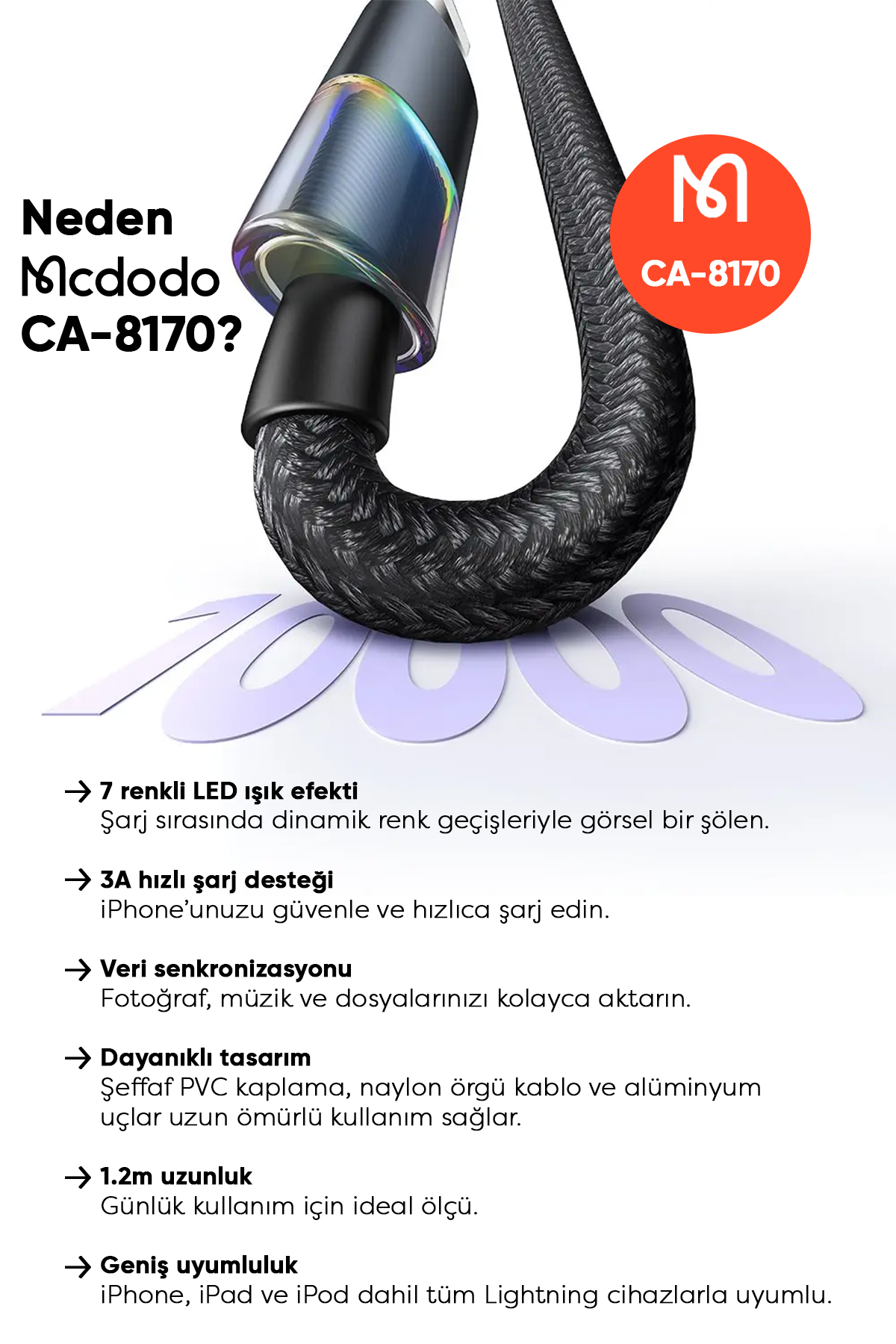 CA-8170 USB-A TO LİGHNİNG 7 RENKLİ IŞIKLI 1.2M KABLO Afişi
