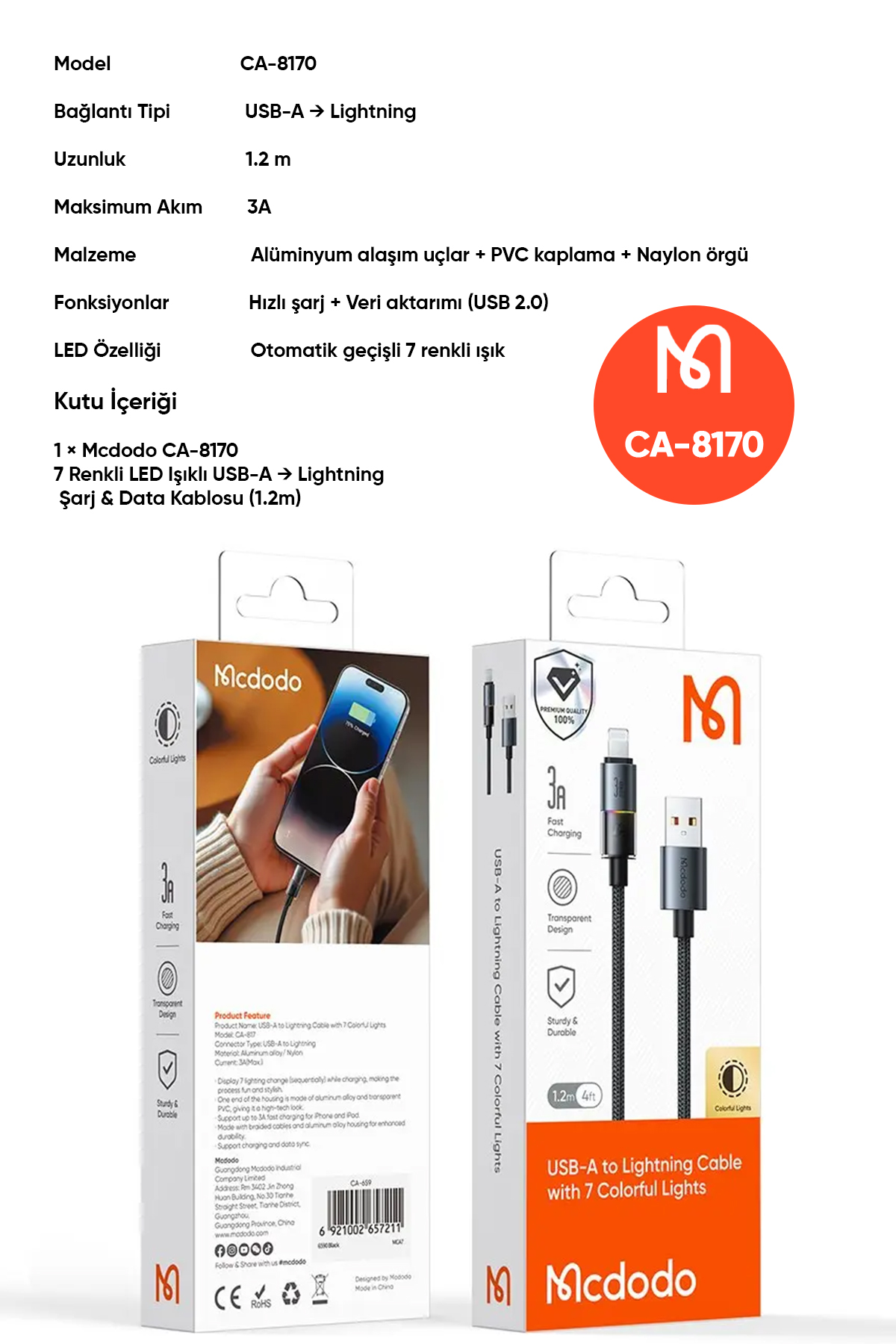 CA-8170 USB-A TO LİGHNİNG 7 RENKLİ IŞIKLI 1.2M KABLO Afişi