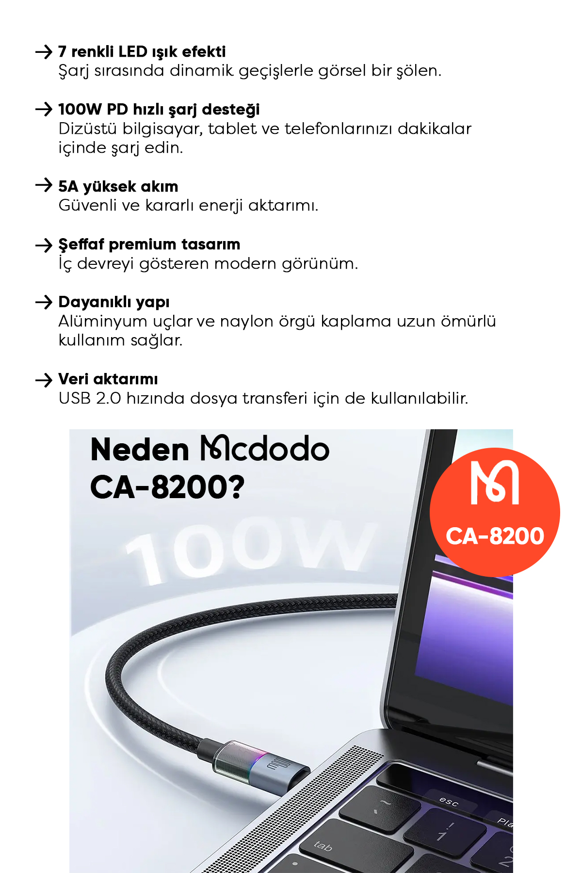 CA-8200 TYPE-C TO TYPE-C  7 Renkli LED Işıklı 100W 1.2M KABLO Afişi