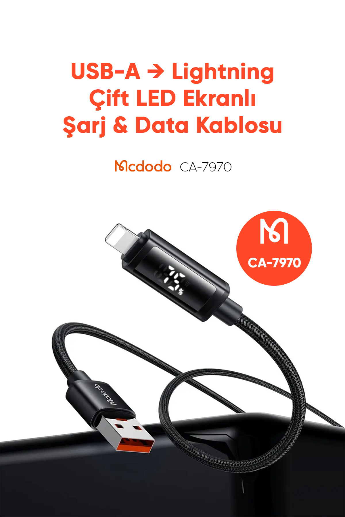 CA-7970 USB-A TO LİGTNİNG Çift LED Ekranlı 3A 1.2M  KABLO Afişi