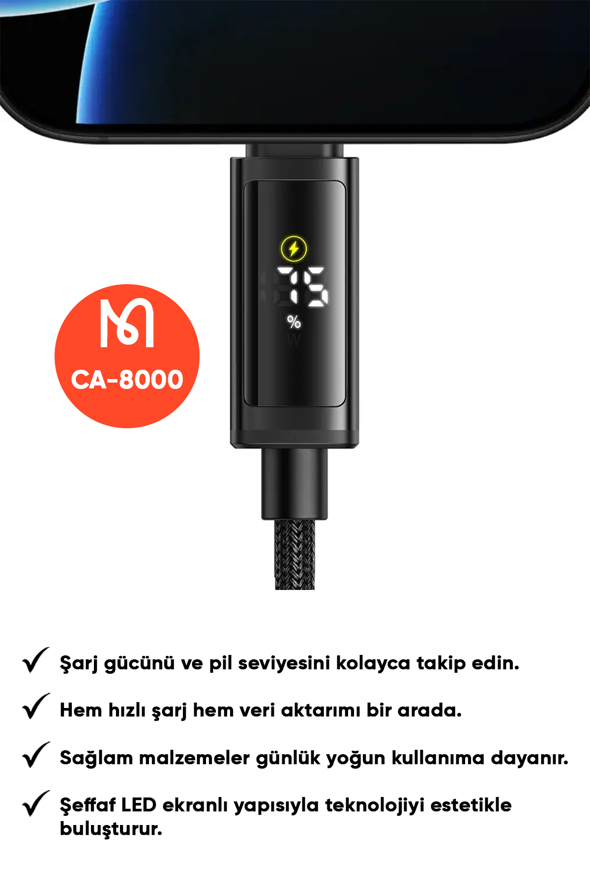 CA-8000 TYPE-C TO TYPE-C 100W ÇİFT LED EKRANLI 1.2M  KABLO Afişi