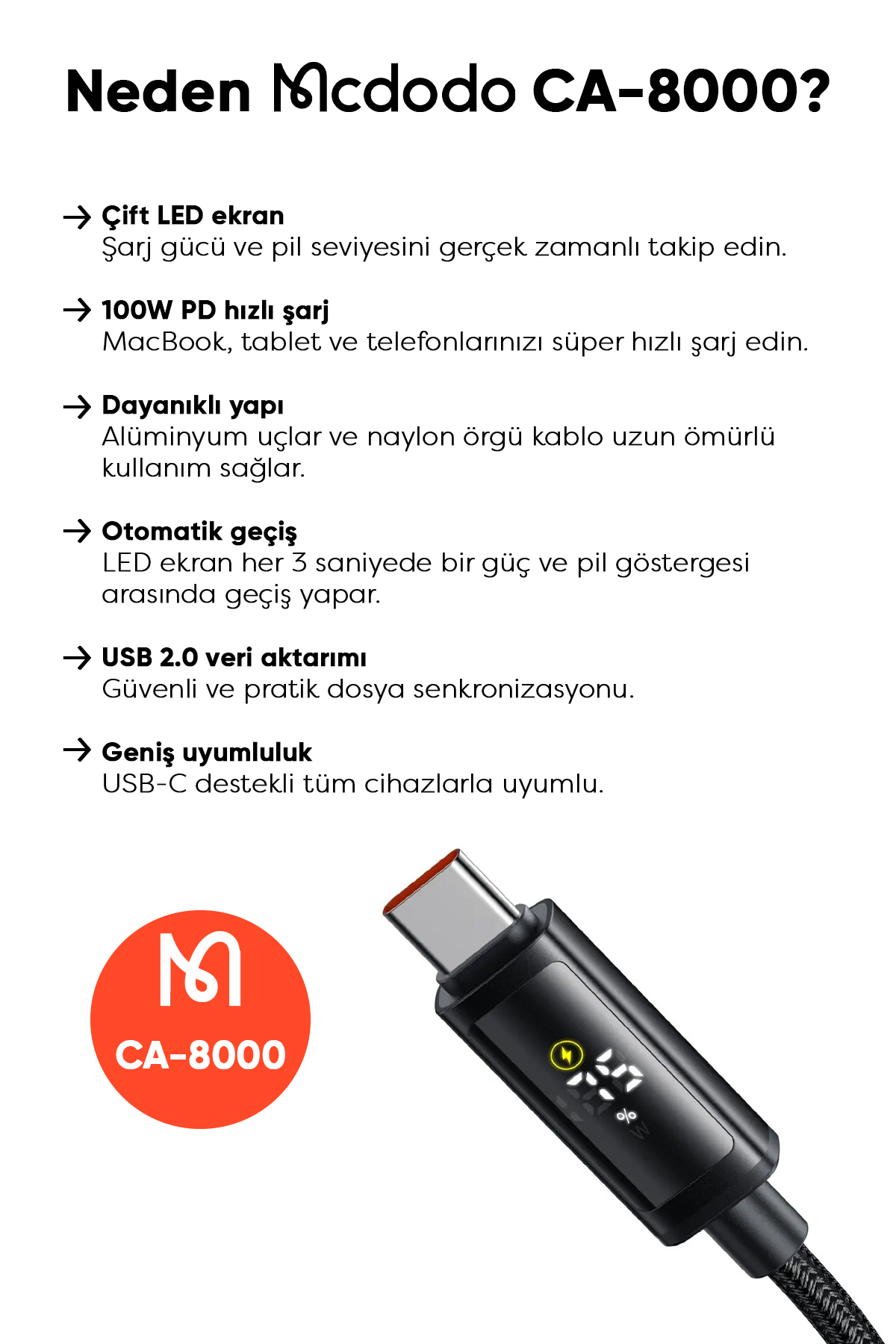 CA-8000 TYPE-C TO TYPE-C 100W ÇİFT LED EKRANLI 1.2M  KABLO Afişi