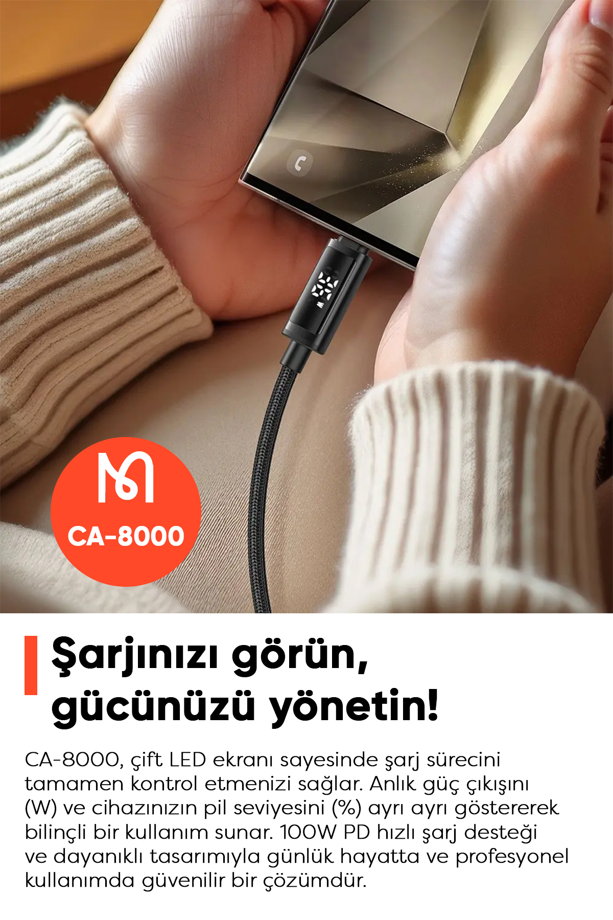 CA-8000 TYPE-C TO TYPE-C 100W ÇİFT LED EKRANLI 1.2M  KABLO Afişi
