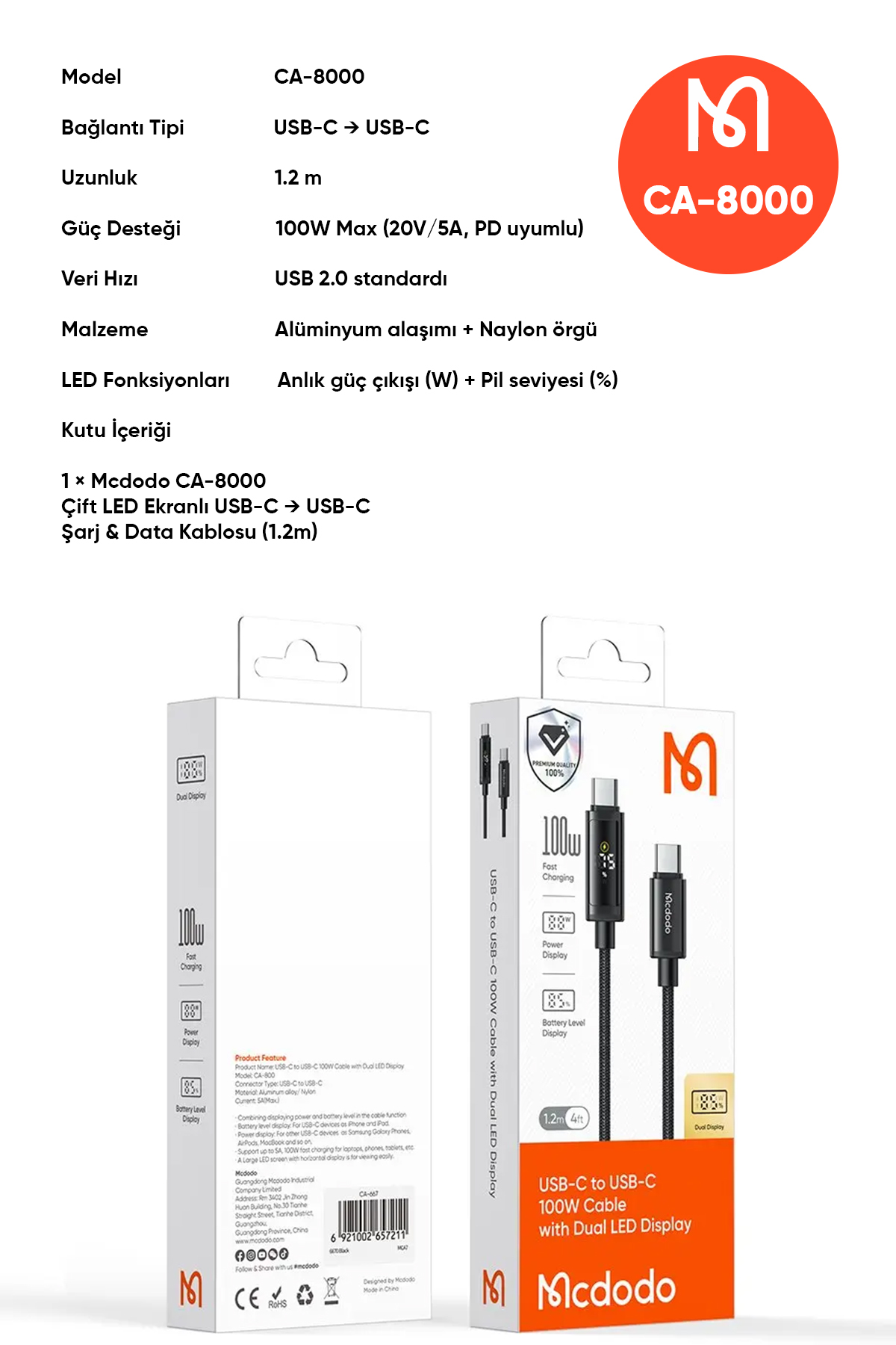 CA-8000 TYPE-C TO TYPE-C 100W ÇİFT LED EKRANLI 1.2M  KABLO Afişi