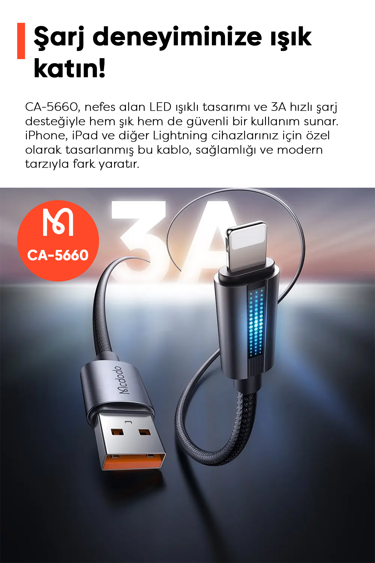 CA-5660 USB-A TO LİGHTNİNG LED Işıklı  1.2 M KABLO Afişi