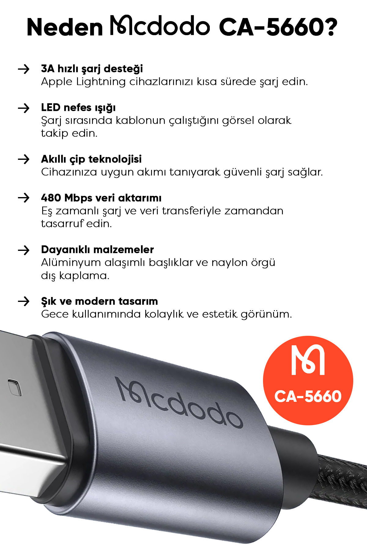 CA-5660 USB-A TO LİGHTNİNG LED Işıklı  1.2 M KABLO Afişi