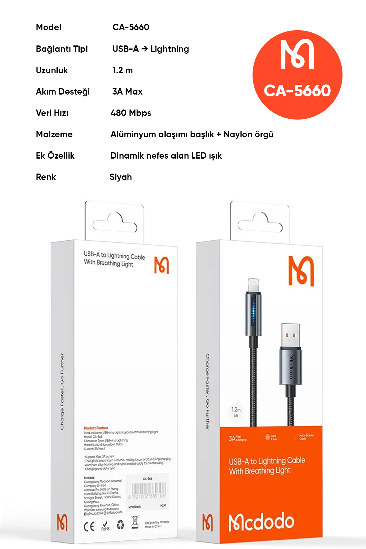 CA-5660 USB-A TO LİGHTNİNG LED Işıklı  1.2 M KABLO Afişi