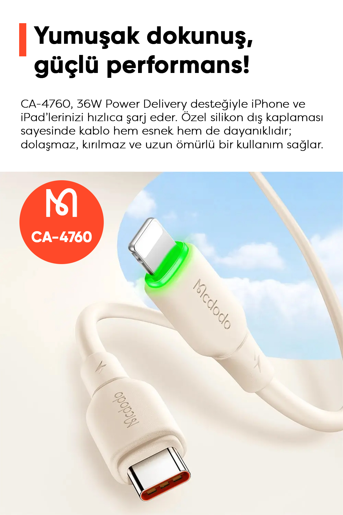 CA-4760 TYPE-C TO LİGHTNİNG 36W LED IŞIKLI 1.2M KABLO Afişi