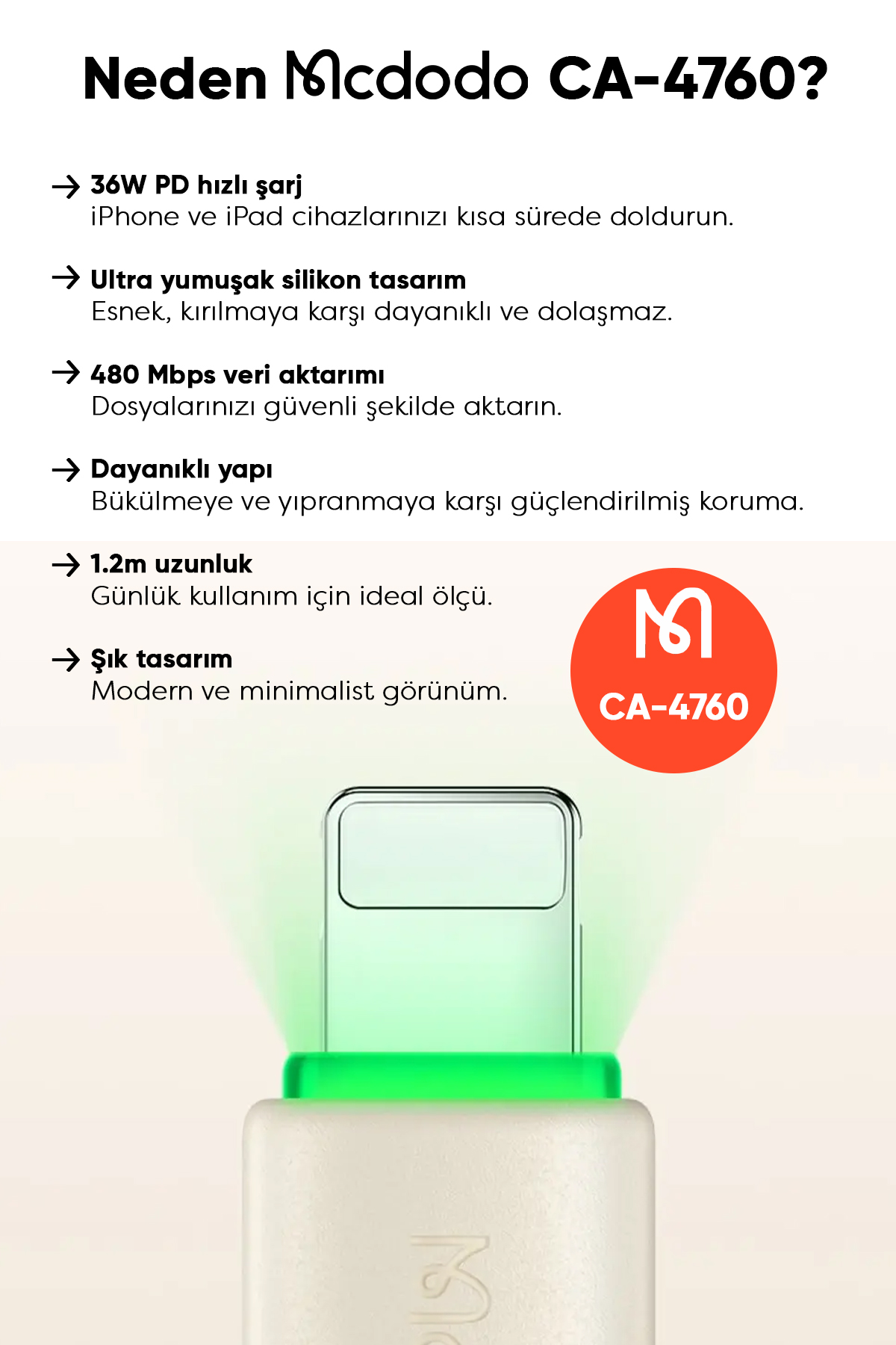 CA-4760 TYPE-C TO LİGHTNİNG 36W LED IŞIKLI 1.2M KABLO Afişi